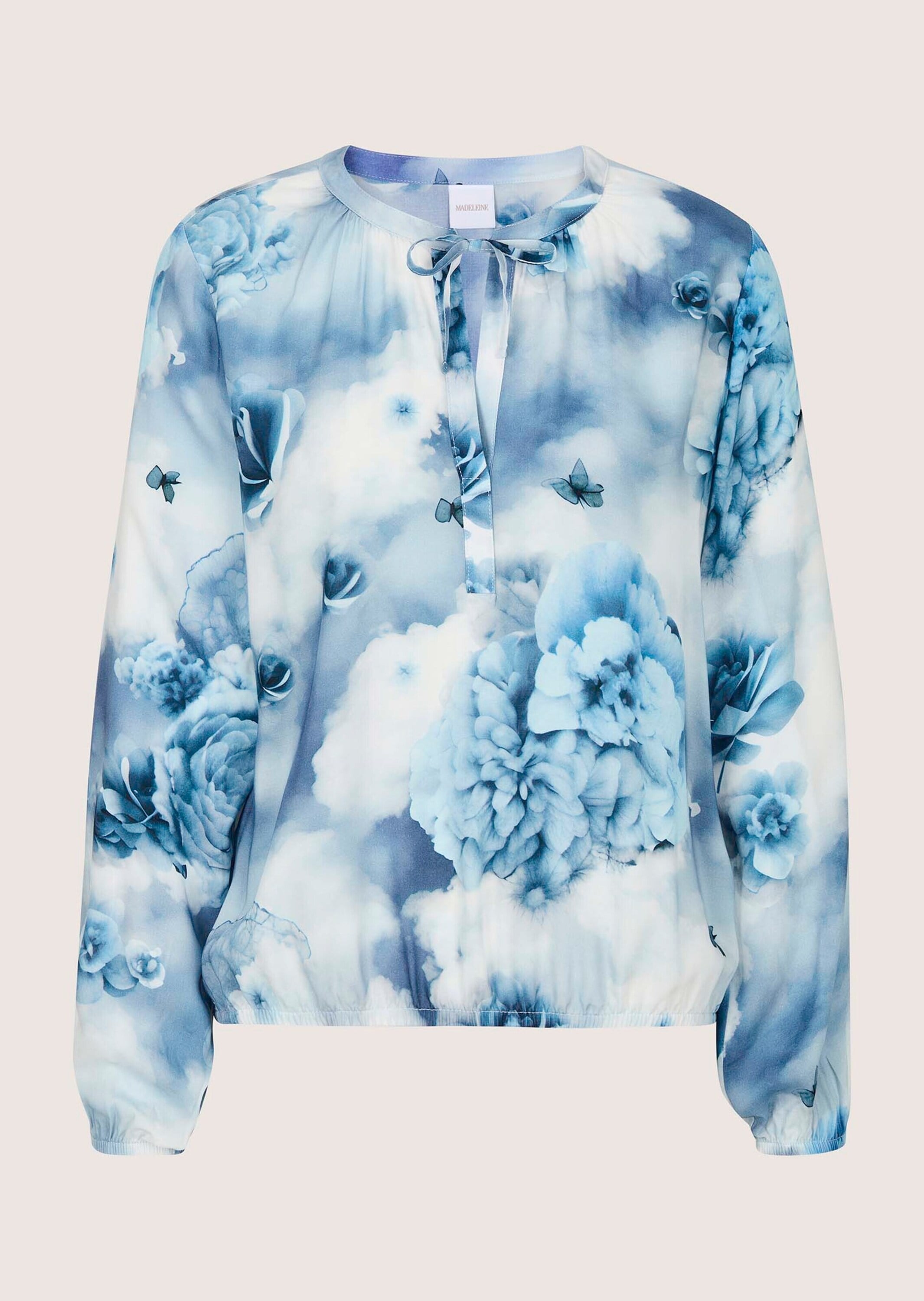 MADELEINE Langarmbluse »Blusenshirt Druckbluse mit floralem Aquarellprint« Ausschnitt mit Bindeband