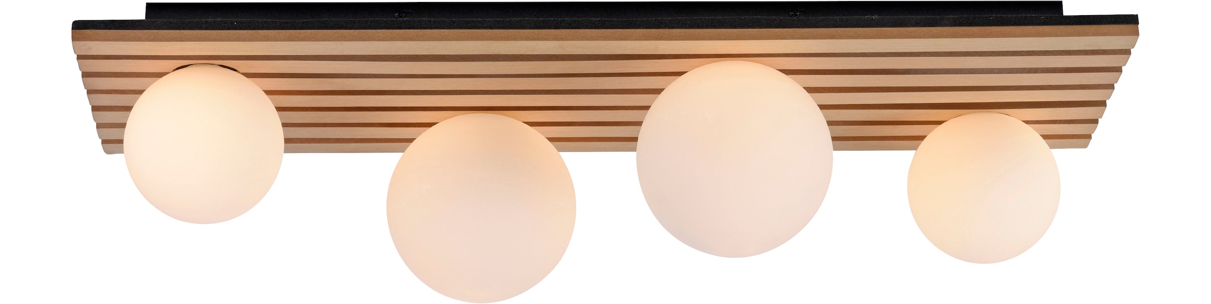 Leonique Deckenleuchte »Erinette Akustikpaneele mit Glaskugeln«, 4 flammig, Leuchtmittel G9 | Leuchtmittel wechselbar-ohne Leuchtmittel, Holz, Akustik, Paneele, Glas, opal matt weiß, Deckenlampe