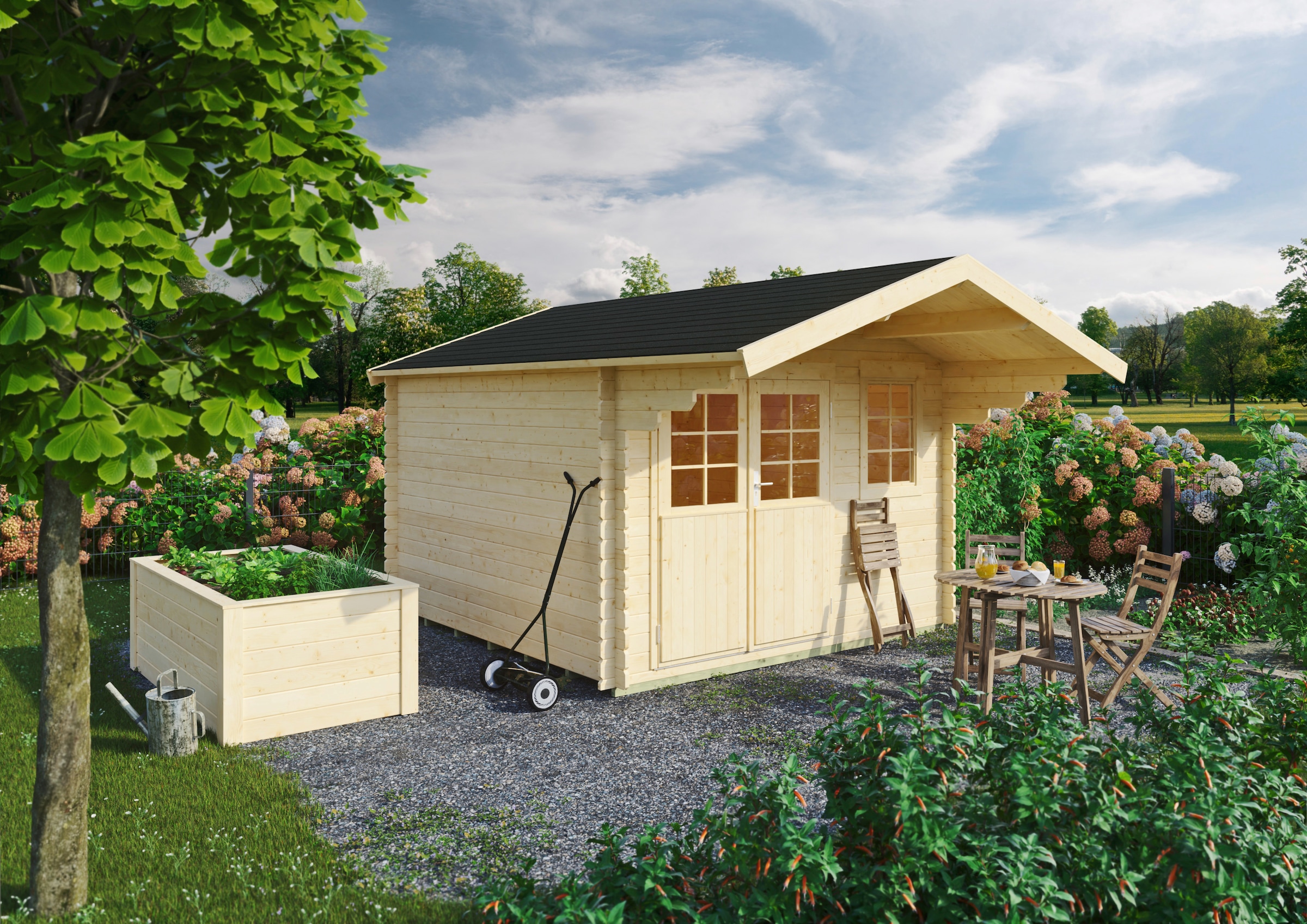 KONIFERA Gartenhaus »Kallenberg 2« Blockbohlenhaus inkl. Hochbeet (100x200x70 cm)