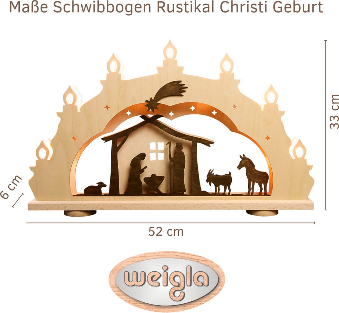 Weigla LED Schwibbogen »Christi Geburt, Lichterbogen Rustikal Lanhausstil, Holz,NATUR-BRAUN«, Erzgebirge garantiert, Weihnachtsdeko Innen, Weihnachtsbeleuchtung