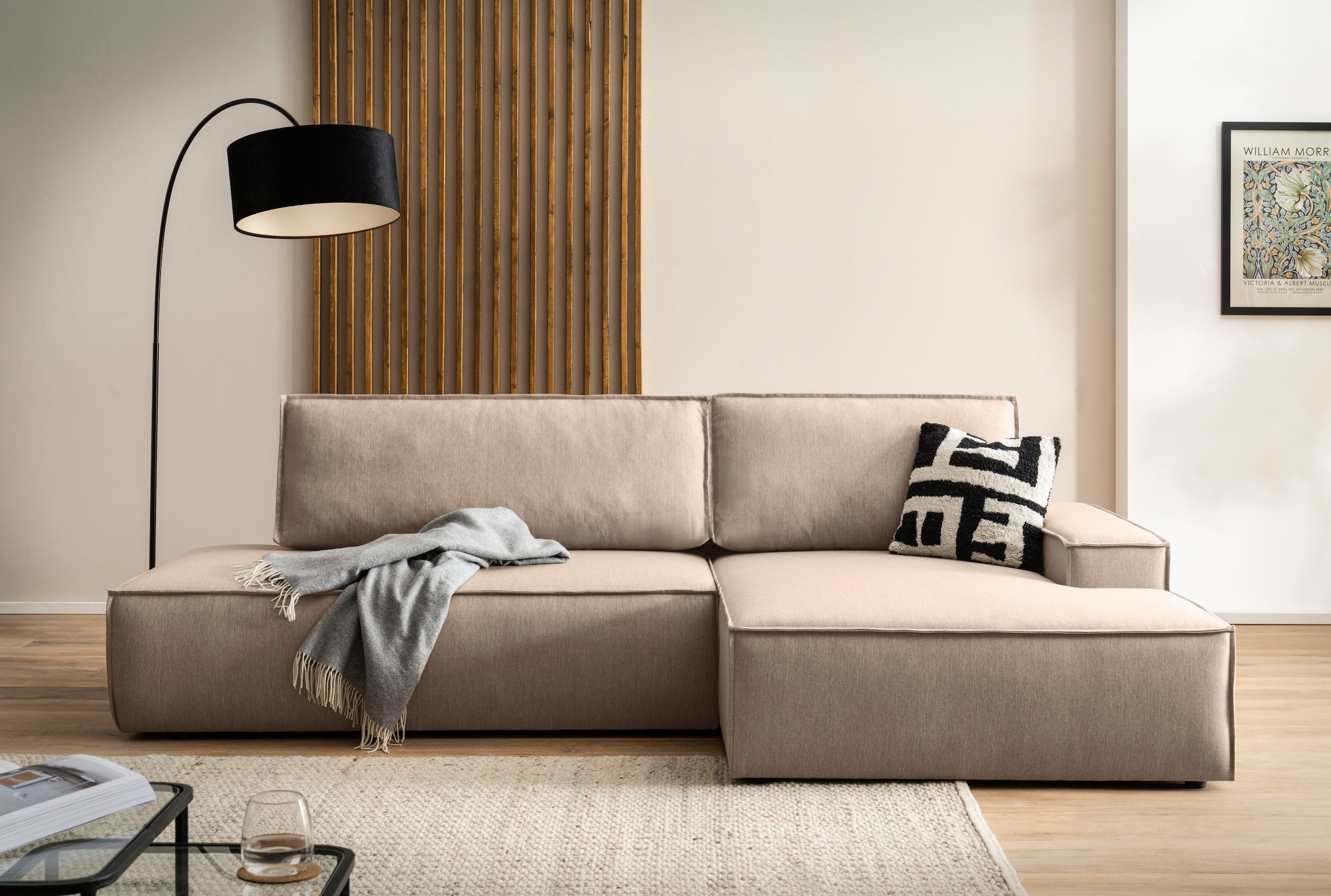 Home affaire Ecksofa »SHERWOOD, Schlafsofa in L-Form offen (275cm), Cord, Leinenoptik«, Schlaffunktion und Bettkasten, Kedernaht, hoher Sitz- & Liegekomfort