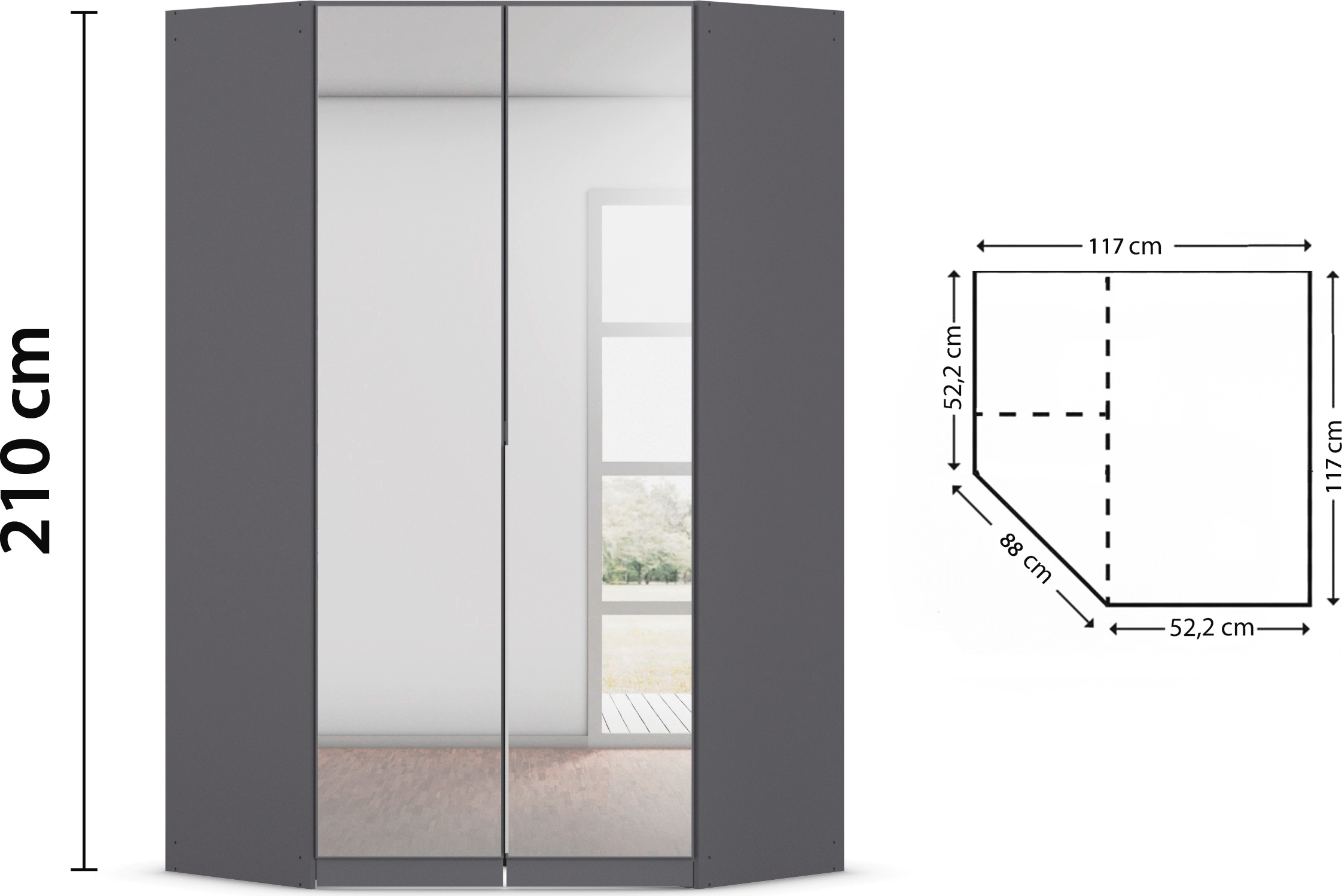 OTTO home Eckkleiderschrank »Kleiderschrank Schrank Ankleidezimmer Schlafzimmer Garderobe AGORDO« in zwei Griff-Farben, Breite/Tiefe 117x117 cm, Höhen 210/229 cm,  mit Spiegeltüren, voll ausgestattet mit viel Stauraum MADE IN GERMANY
