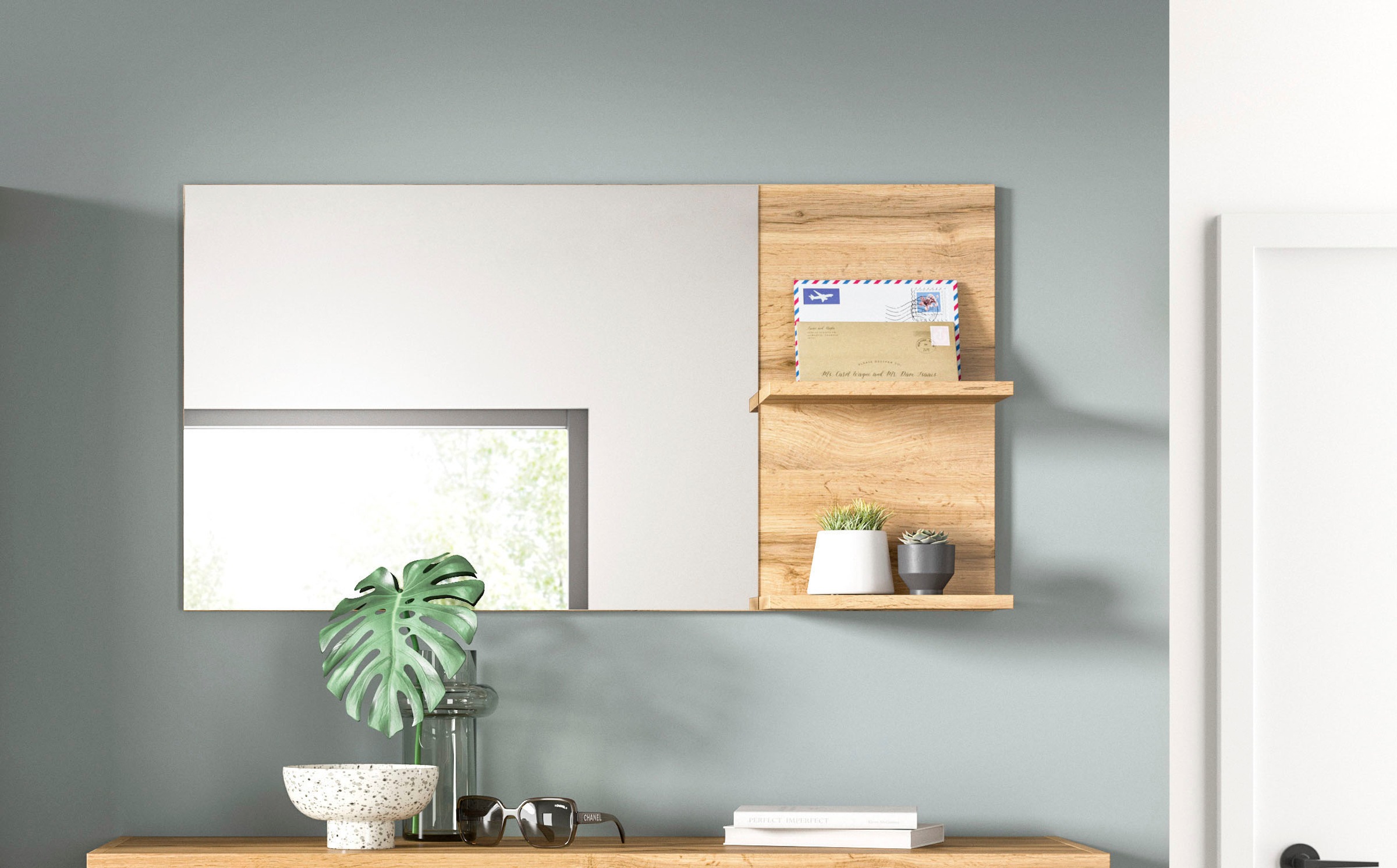 OTTO home Spiegel »MAMBO II, Breite 99cm, 2 Ablageböden, große Spiegelfläche« Garderobenspiegel, Flur, Diele, Spiegel mit Ablage, Spiegelpaneel