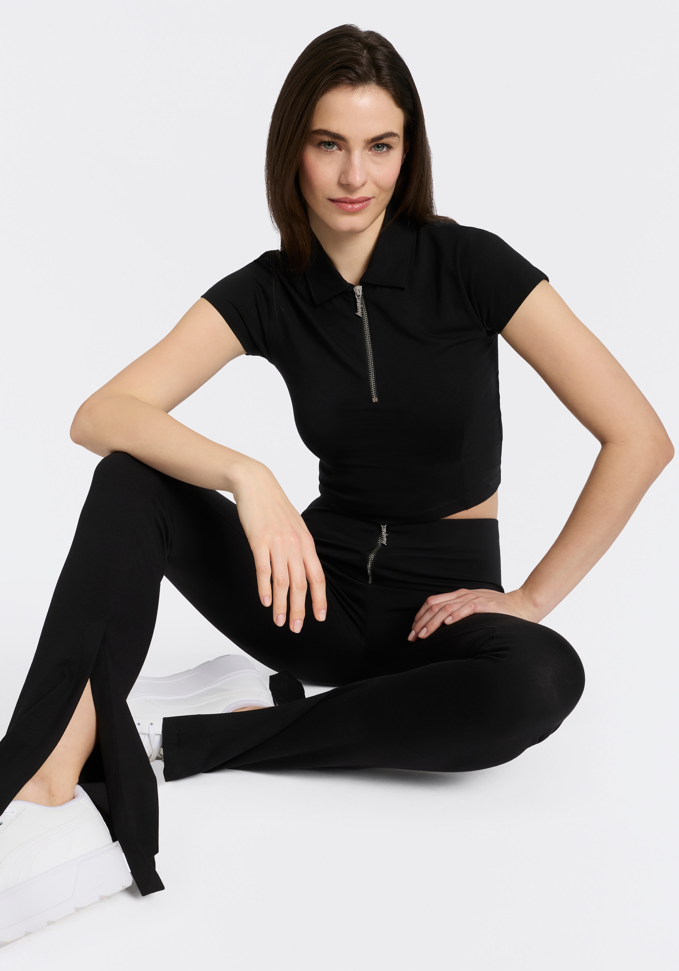 HUGO Blue Kurzarmshirt »Dastaja« mit Kragen & cropped, in verkürzter Länge