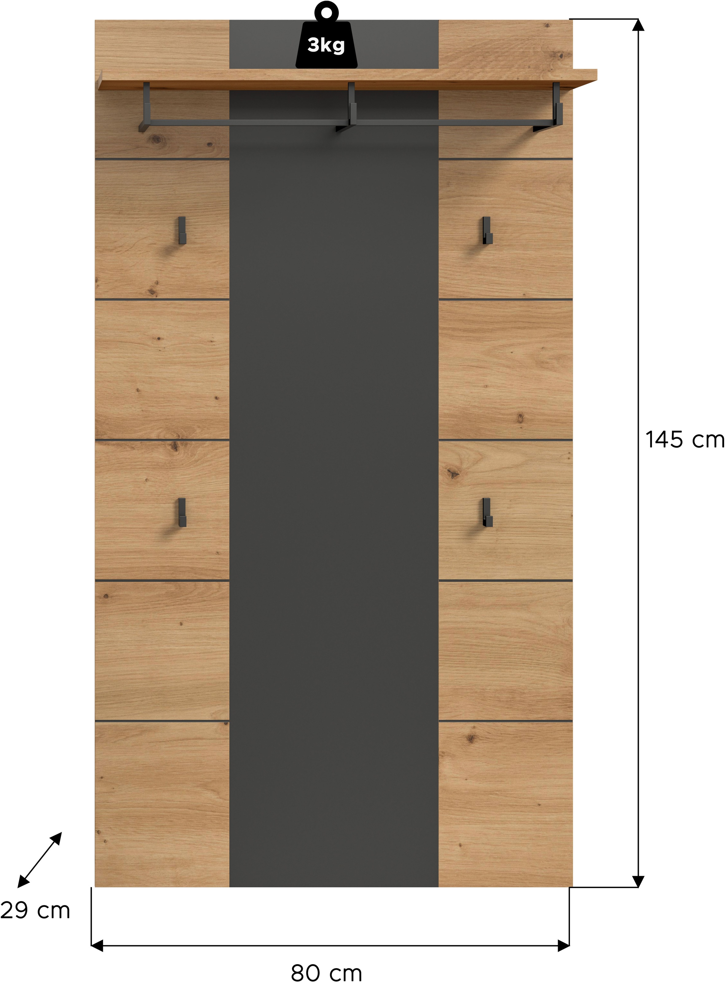 INOSIGN Garderobenpaneel »REHAT, TOPSELLER!, Höhe 145 cm, Hutablage, 4 Haken, Garderobenstange« in verschiedenen Farben erhältlich, 1 Stk. tlg. Paneel, Wandboard, Garderobe, Garderobenleiste, Garderobenboard