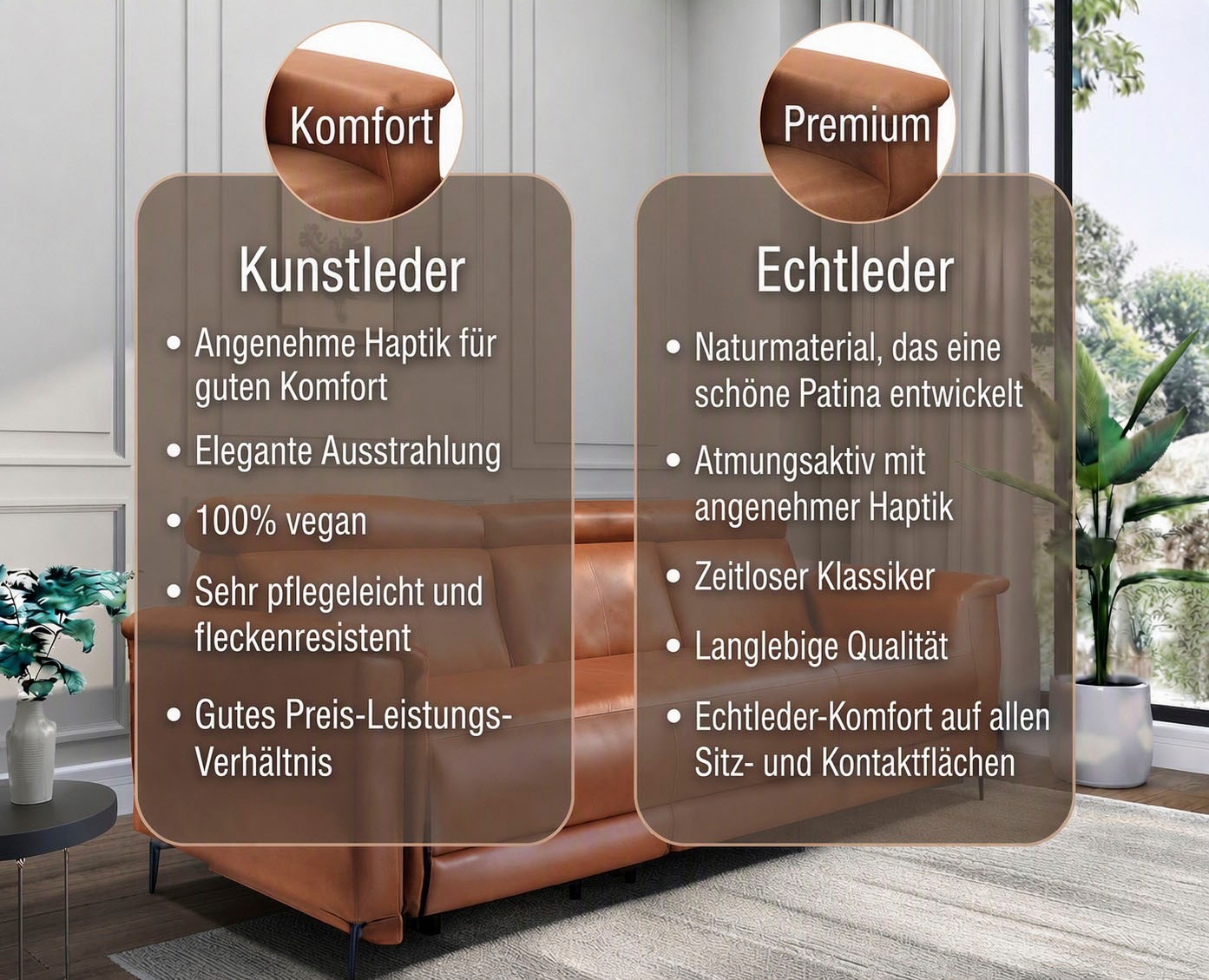 OTTO home 3-Sitzer »LUND,Naturleder, 222 cm, man. o. elektr. Relaxfunktion in 2 Sitzen« (links/rechts), USB-A bei elektrischer Ausführung, Kopfteilverstellung