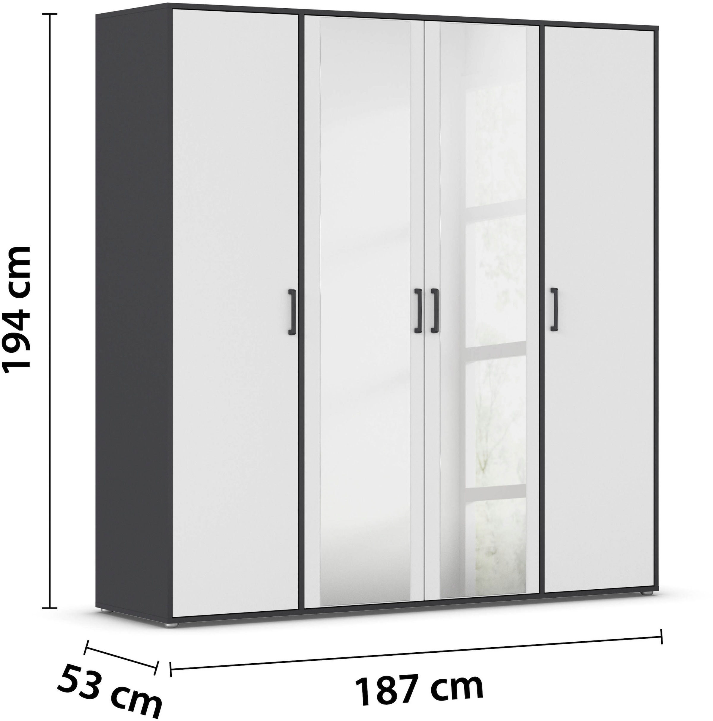 rauch Drehtürenschrank »Kleiderschrank Schrank Garderobe Wäscheschrank VOYAGER« in 3 verschiedenen Ausstattungen BASIC/CLASSIC/PREMIUM,  mit modernen Griffen in Graumetallic und Spiegel