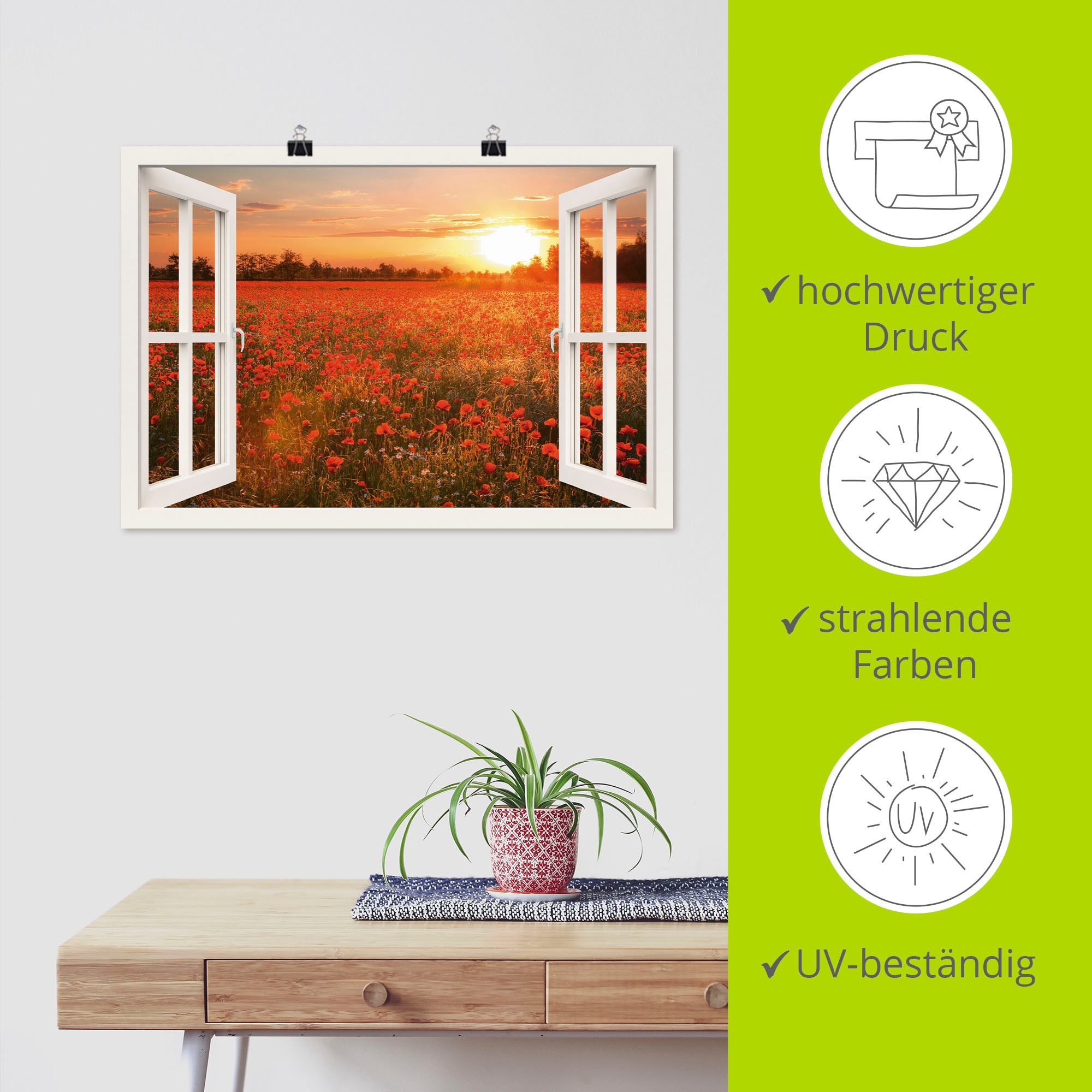 Artland Wandbild »Fensterblick Mohnblumenfeld« Blumen 1 Stk. tlg. als Leinwandbild, Poster in verschied. Größen