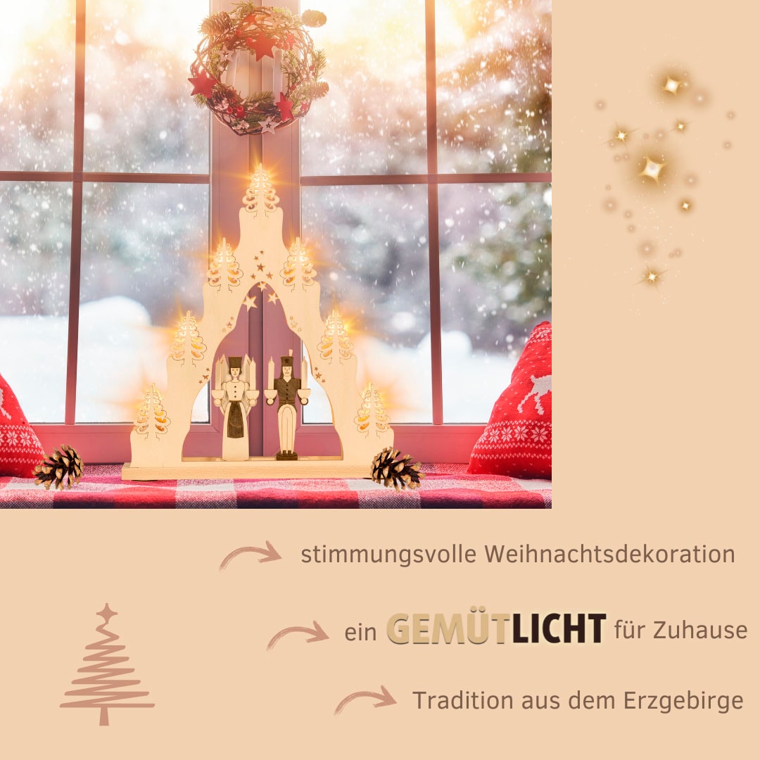 Weigla Schwibbogen »Engel & Bergmann, Lichterspitze aus Holz, NATUR-BRAUN«, Erzgebirge garantiert, Weihnachtsdeko Innen, Weihnachtsbeleuchtung