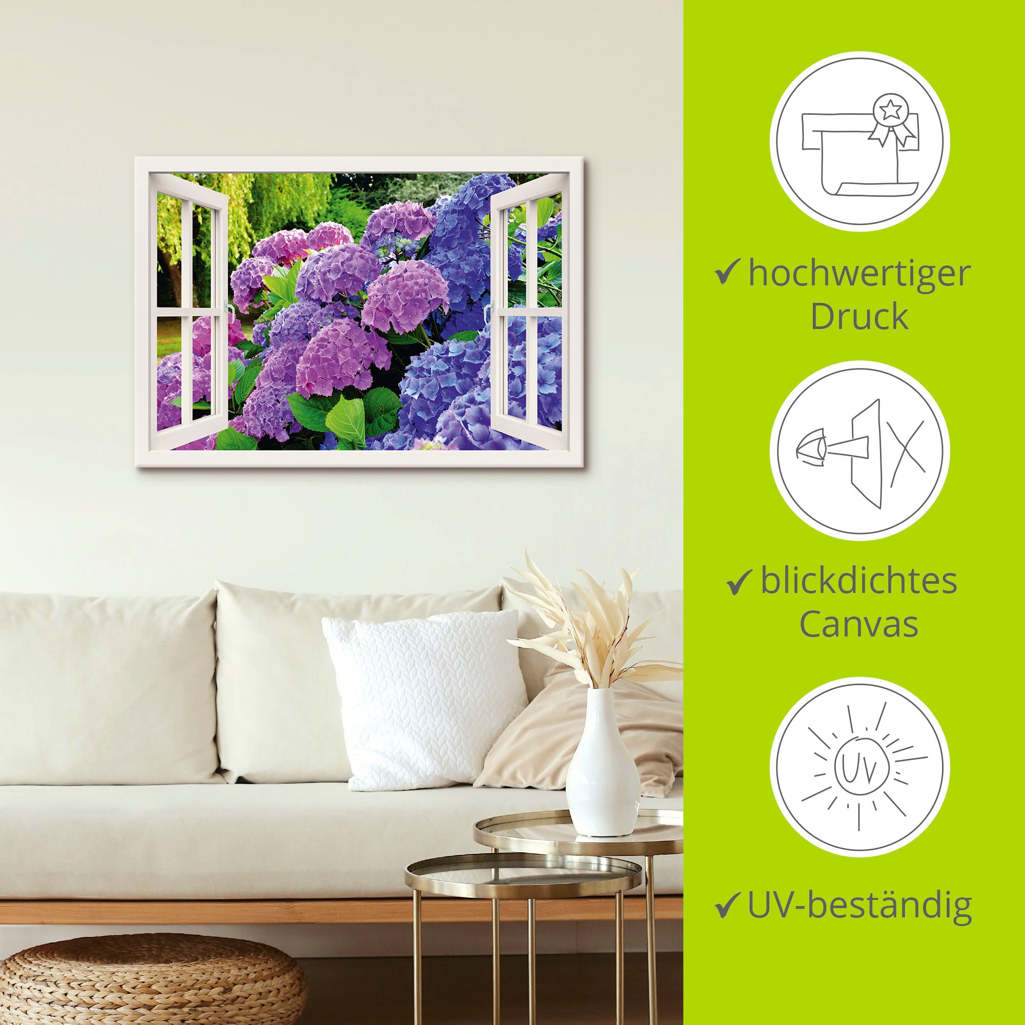 Artland Wandbild »Fensterblick Hortensien im Garten«, Blumen, (1 St.), als Leinwandbild, Poster in verschied. Größen