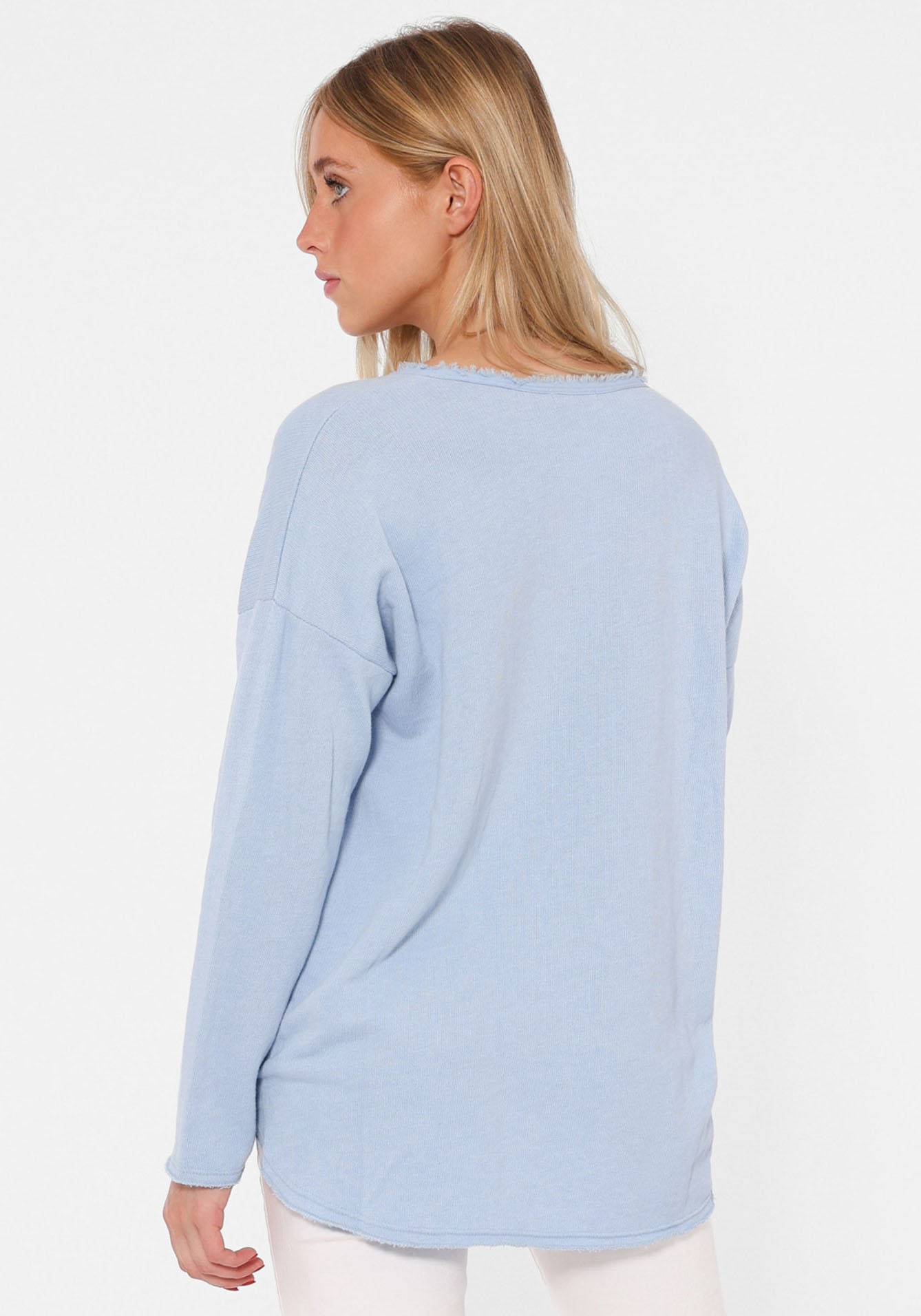 Zwillingsherz Sweatshirt »"Positive Mind"«, ausgefranster V-Ausschnitt, Used Look, Langarm, Schriftzug
