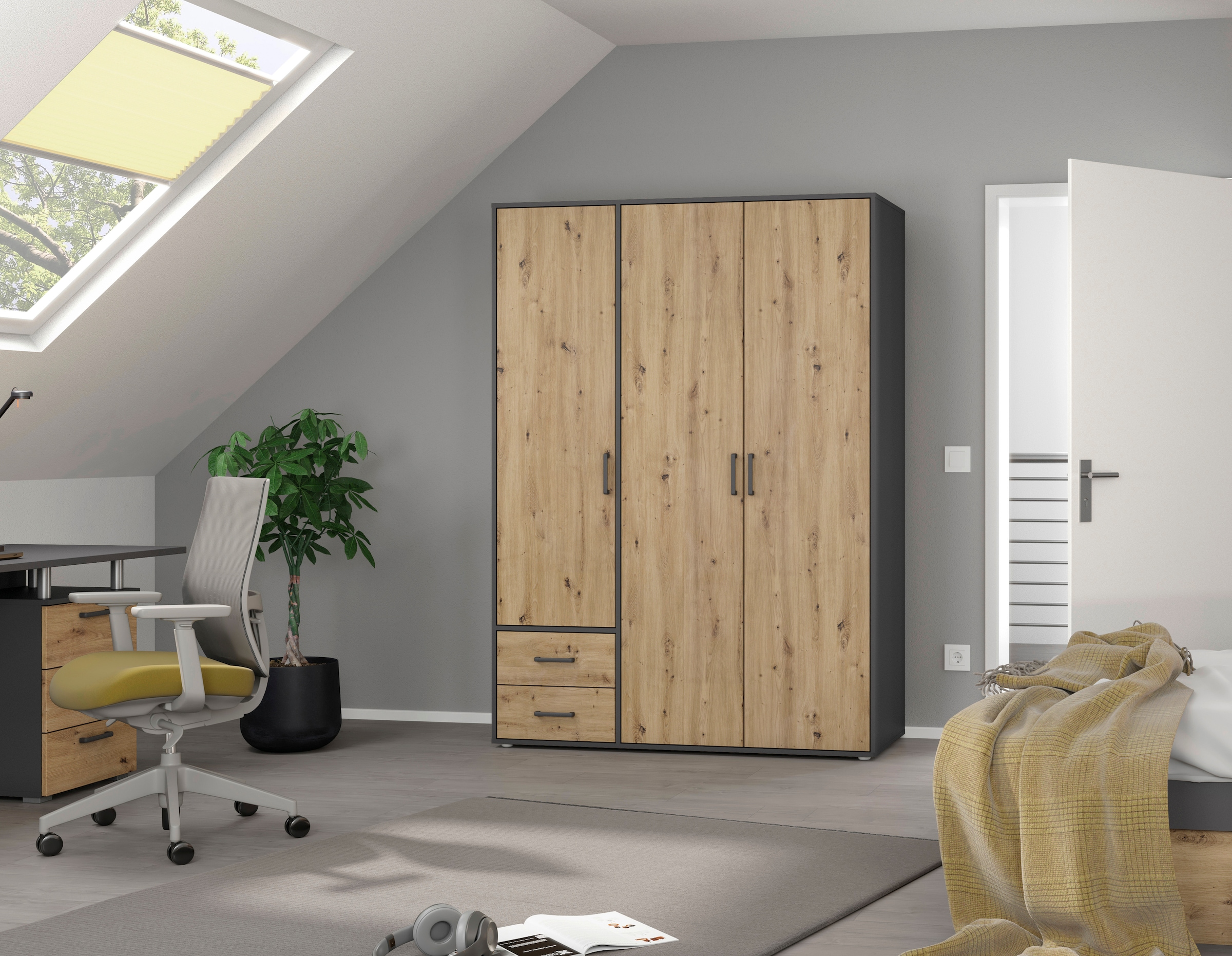 rauch Drehtürenschrank »Kleiderschrank Schrank Garderobe Wäscheschrank VOYAGER«, moderne Griffe in Graumetallic mit Außenschubkästen MADE IN GERMANY