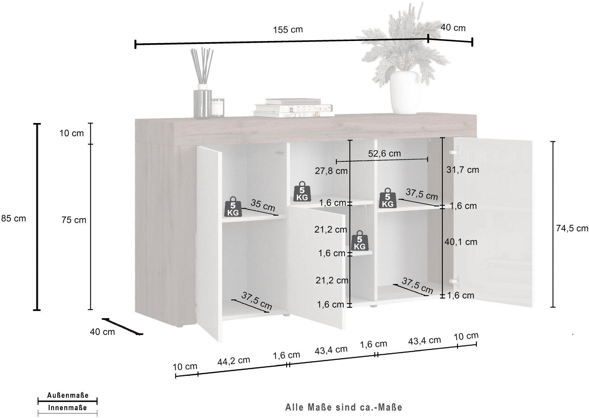 OTTO home Sideboard »CHRONOS Breite 155 cm mit 3 Türen, 1 offenes und 6 geschlossene Fächer« 1 Stk. tlg. Sideboard,Kommode, Schrank, Grifflos mit Push to Open, Made in Italy