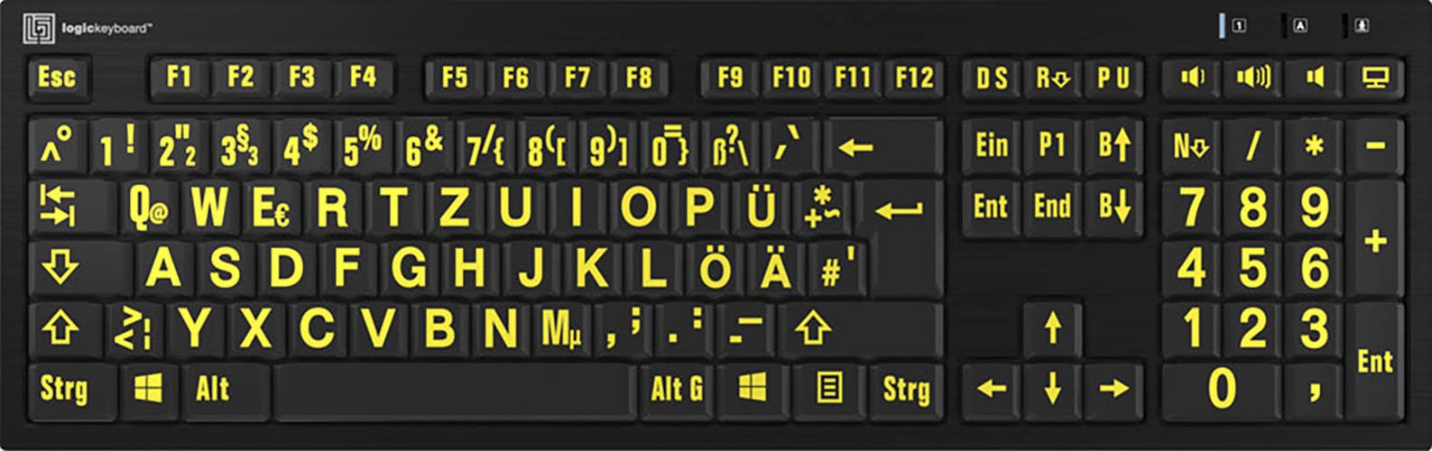 Logickeyboard Slimline-Tastatur »XL-Print Yellow on Black DE (PC/Nero)«, (Ziffernblock-USB-Hub)