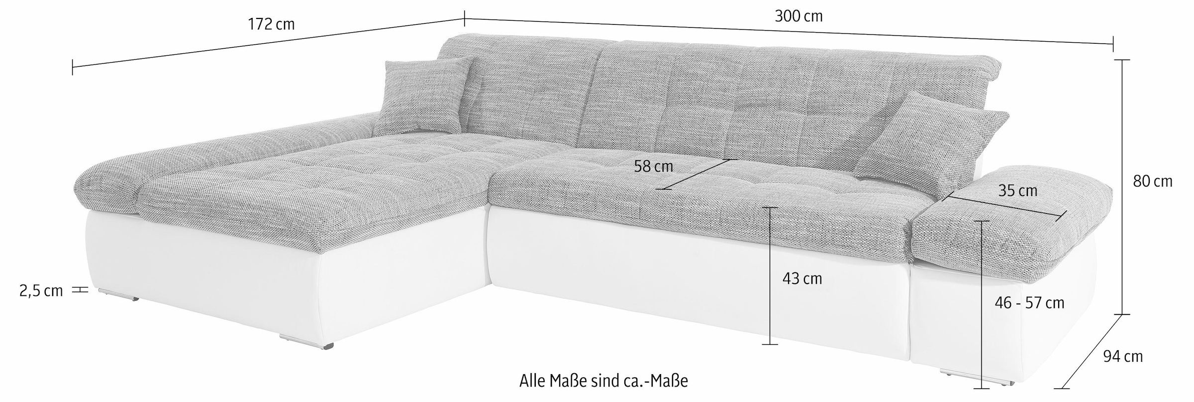 DOMO collection Ecksofa »Moric, L-Form, XXL-Sofa - Breite 300cm«, wahlweise mit Bettfunktion und Armteilverstellung, schwarz-weiß-grau