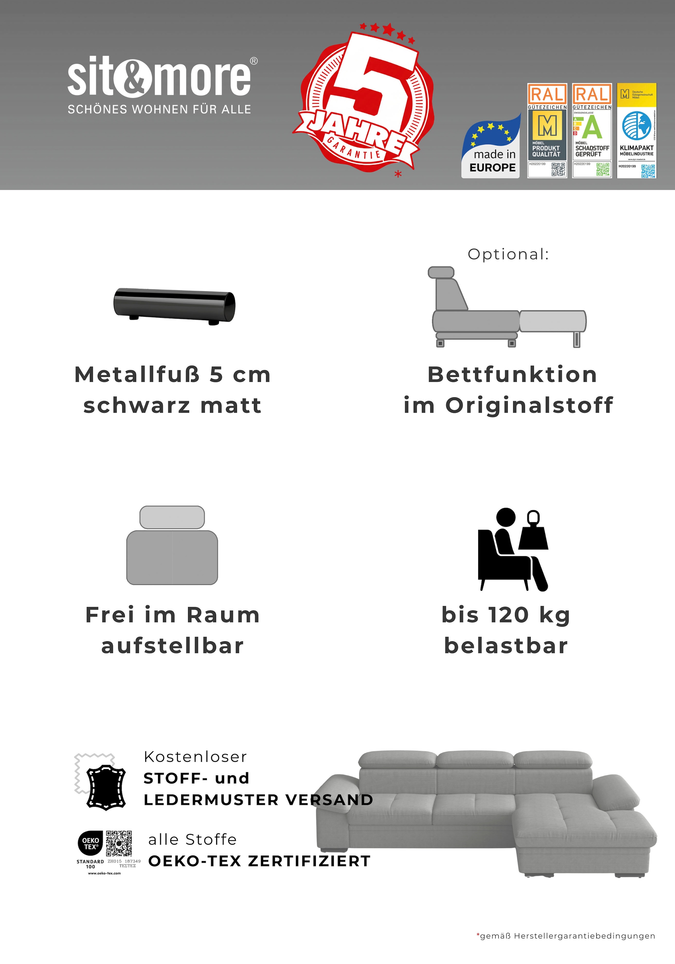 sit&more Ecksofa »Viola L-Form, B: 260 cm, Arm- & Kopfteilverstellung« optional Schlaffunktion, Sofa mit Komfortsitz