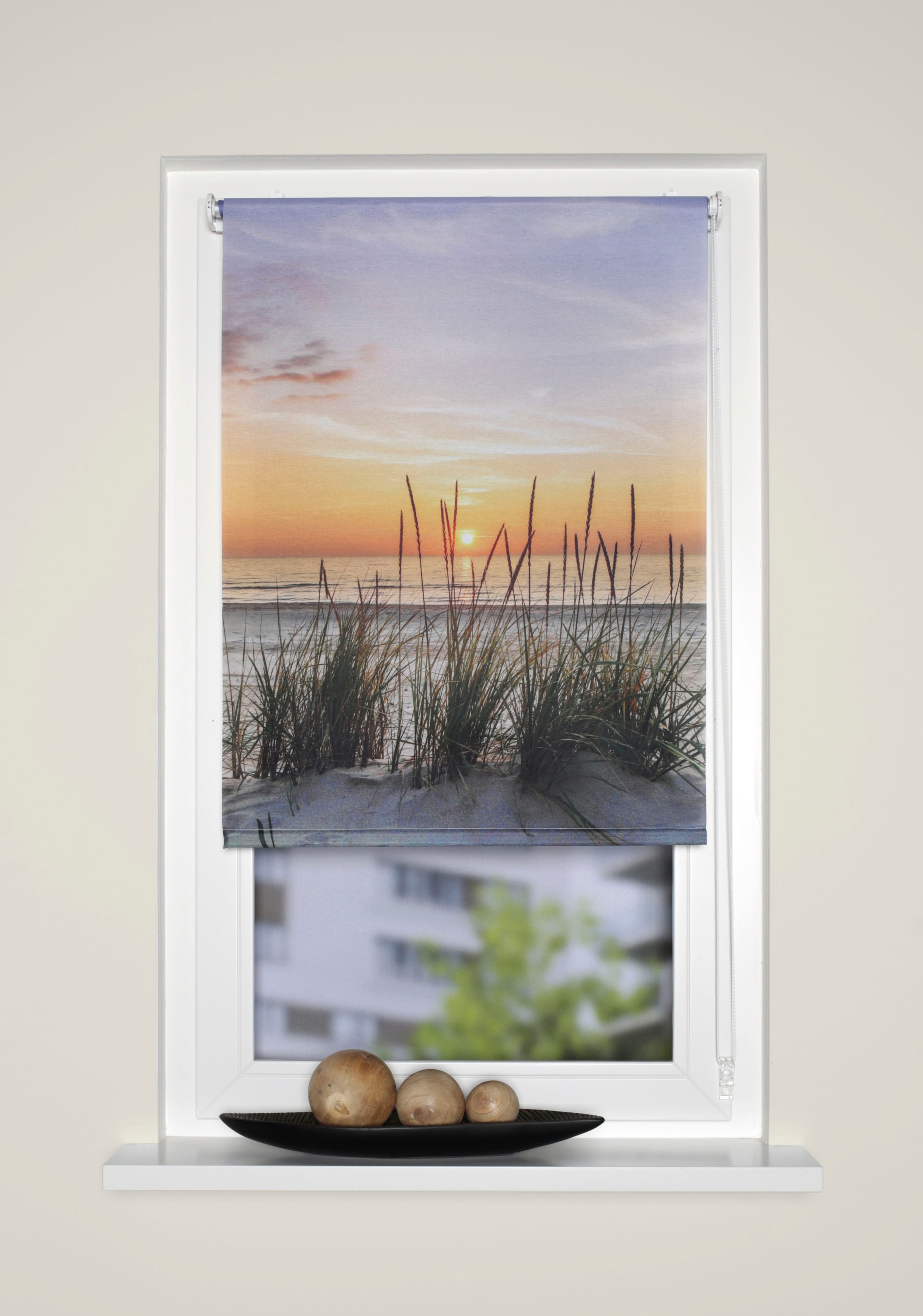 Home Wohnideen Raffrollo »EVENING« mit Hakenaufhängung ohne Bohren freihängend Kettenzugrollo, digital bedruckt in beige