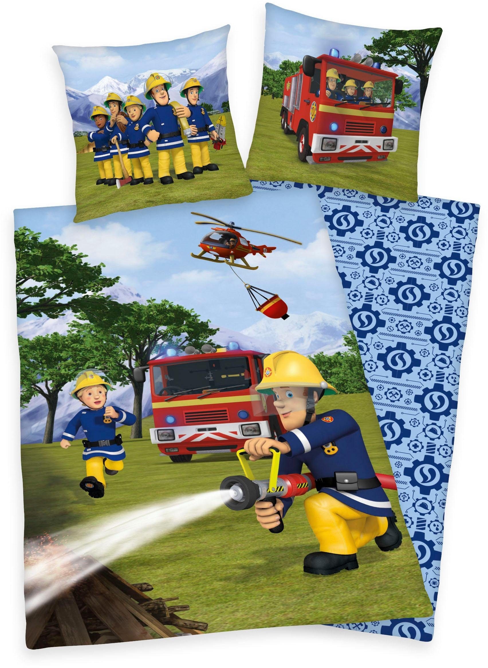 Kinderbettwäsche »Feuerwehrmann Sam«, (2 tlg.), mit Löschzug und Helikopter