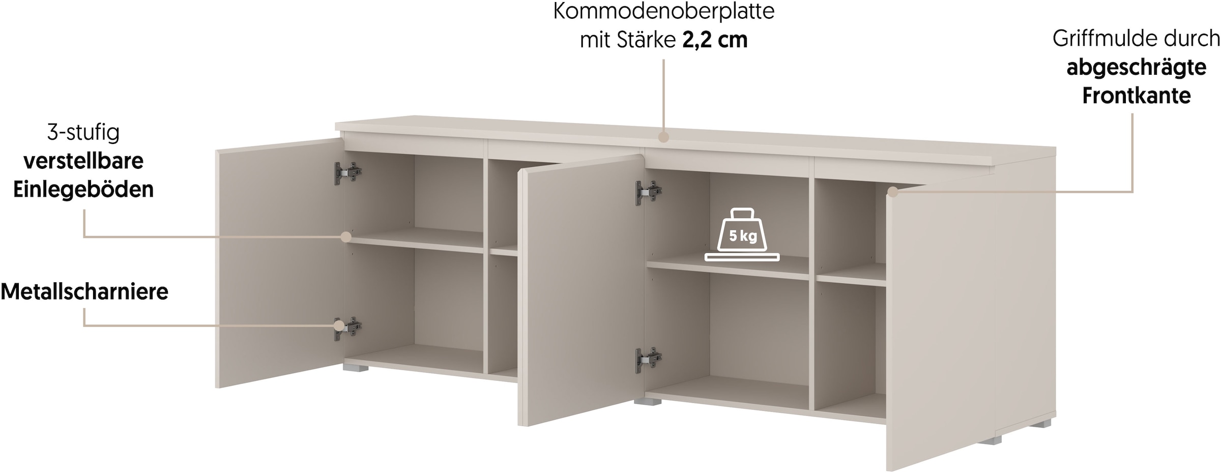 OTTO home Sideboard »Modo, Breite 200 cm, moderne grifflose Kommode 4Türen« Anrichte mit viel Stauraum, Einlegeböden verstellbar