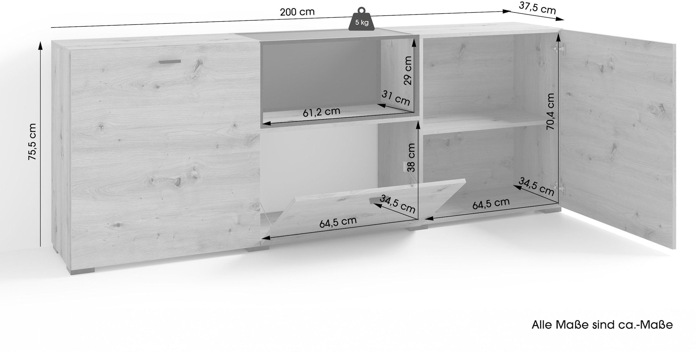 byLIVING Sideboard »Frame« 1 Stk. tlg. moderne Kommode mit Metalleinsatz und Glasplatte, 200cm breit.