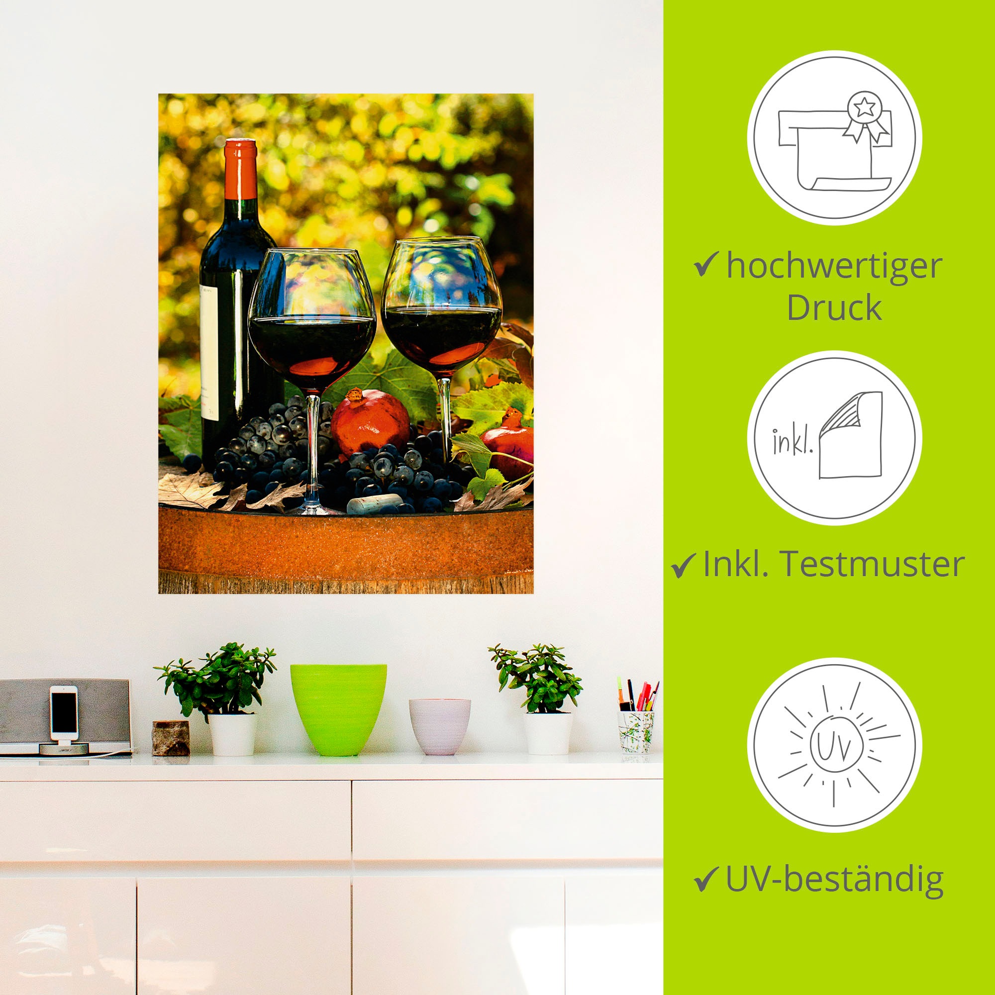 Artland Wandbild »Gläser Rotwein auf altem Fass«, Getränke, (1 St.), als Poster, Wandaufkleber in verschied. Größen