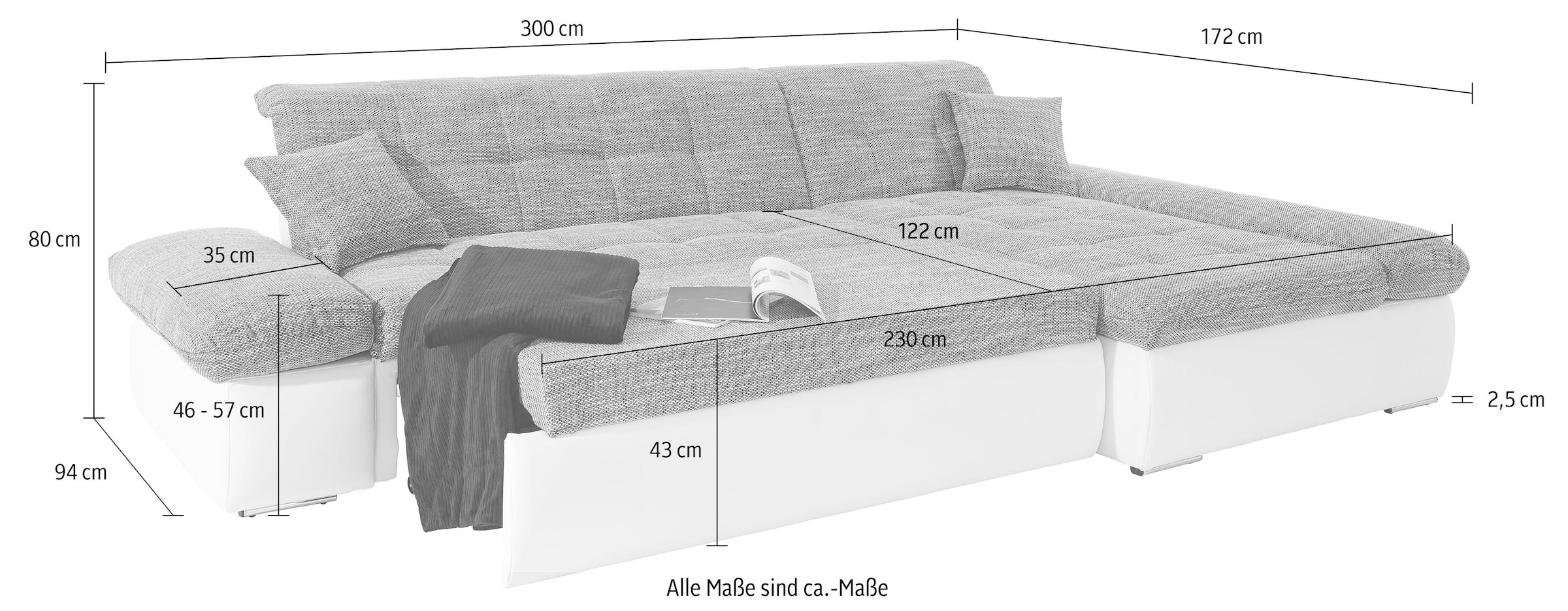 DOMO collection Ecksofa »Moric, L-Form, XXL-Sofa - Breite 300cm«, wahlweise mit Bettfunktion und Armteilverstellung, beige-braun