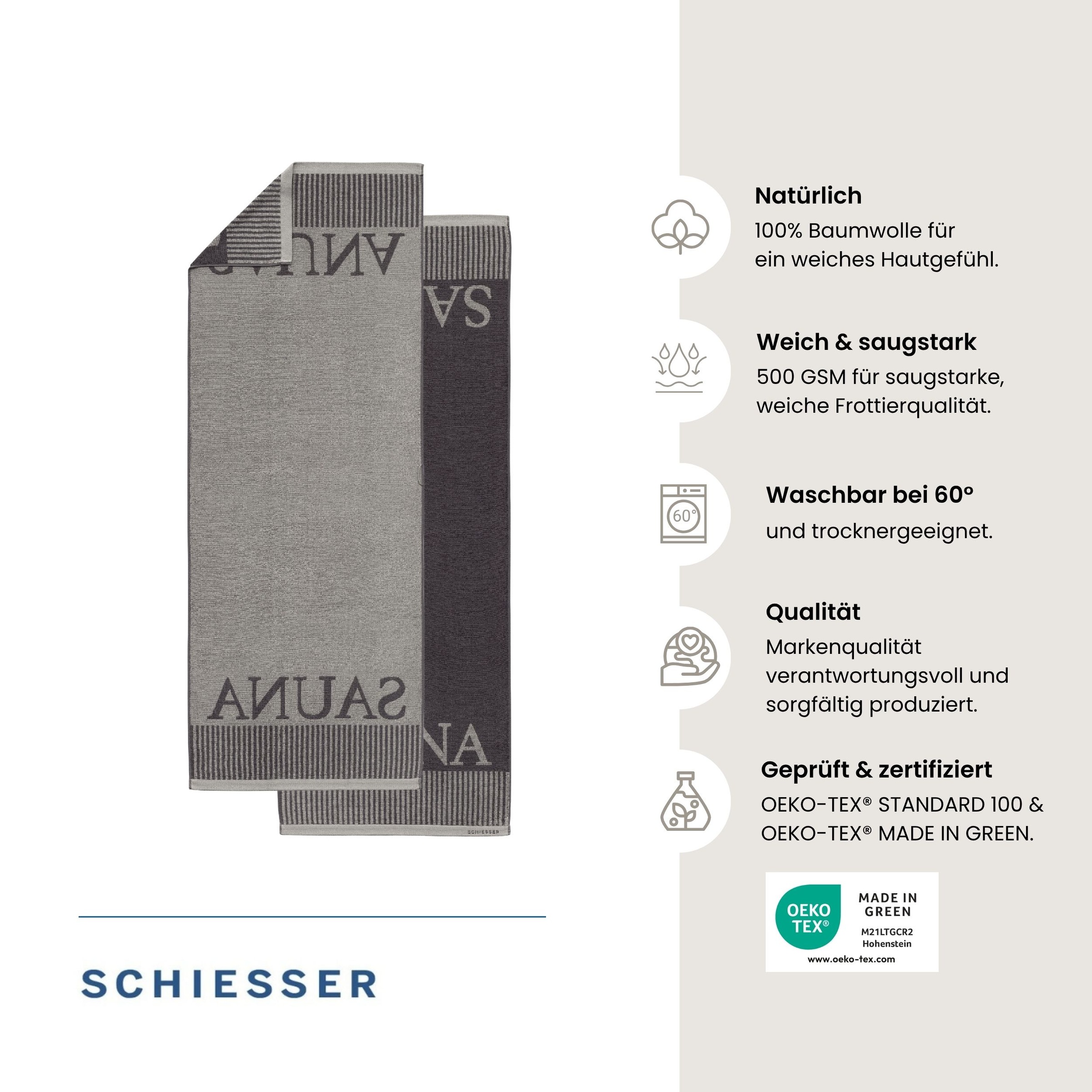 Schiesser Saunatuch »Rom aus garngefärbtem, kuschelweichem Baumwollfrottier« OEKO-TEX® MADE IN GREEN