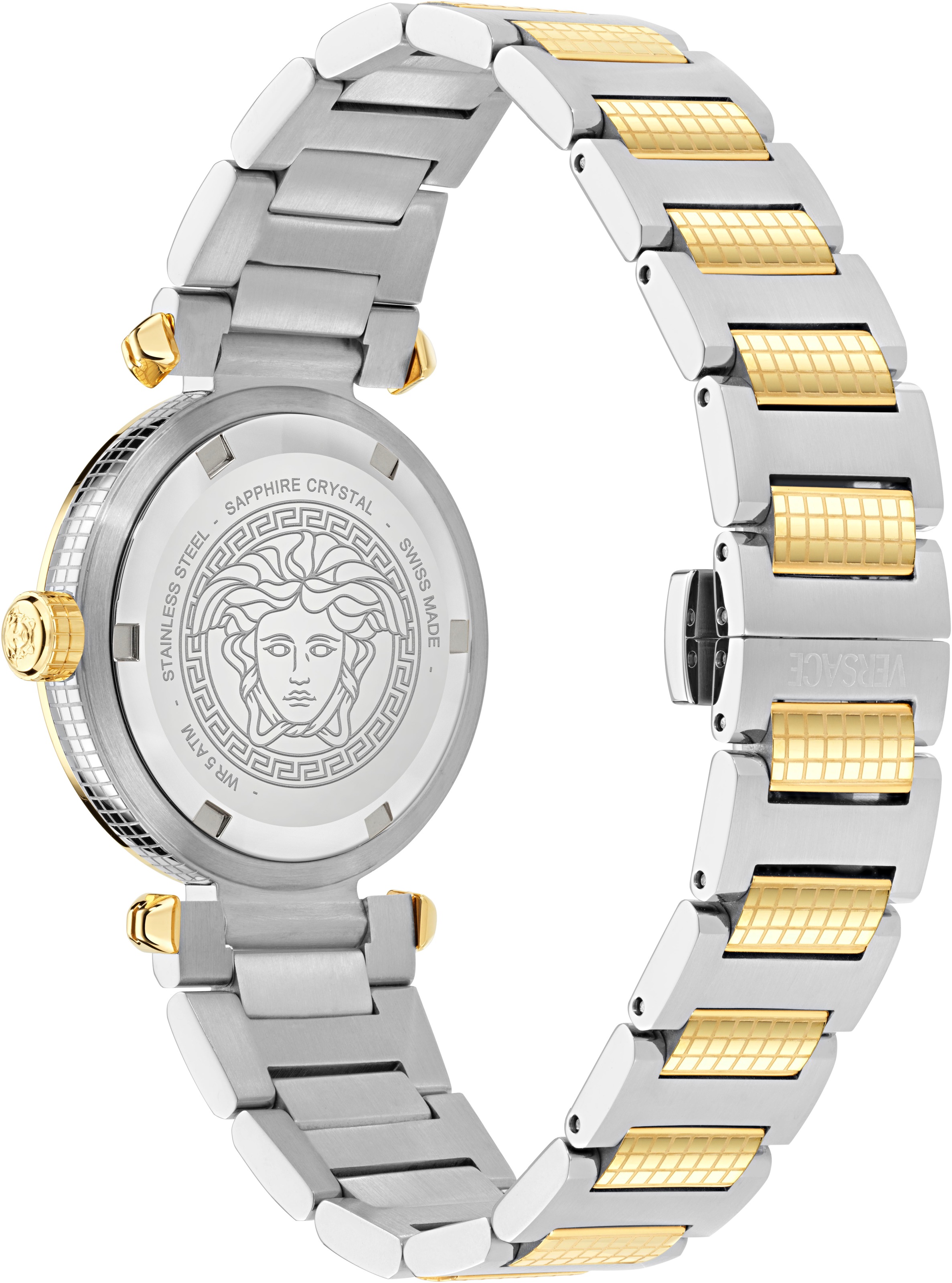Versace Quarzuhr »VERSACE GREEK« Armbanduhr, Damenuhr, Swiss Made, Edelstahlarmband, analog