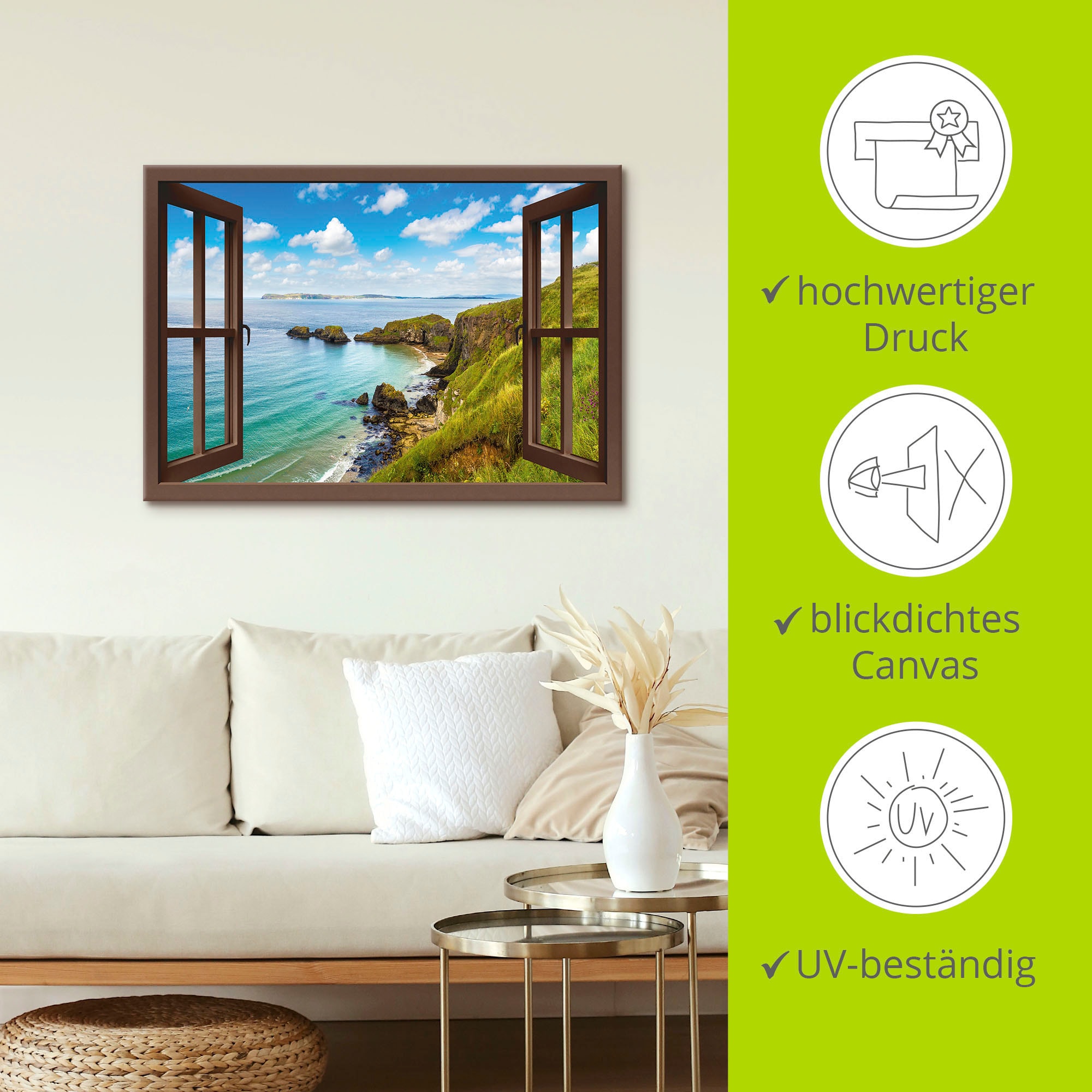 Artland Wandbild »Küstenweg in Nordirland durchs Fenster«, Meer Bilder, (1 St.), als Alubild, Outdoorbild, Leinwandbild, Wandaufkleber, versch. Größen