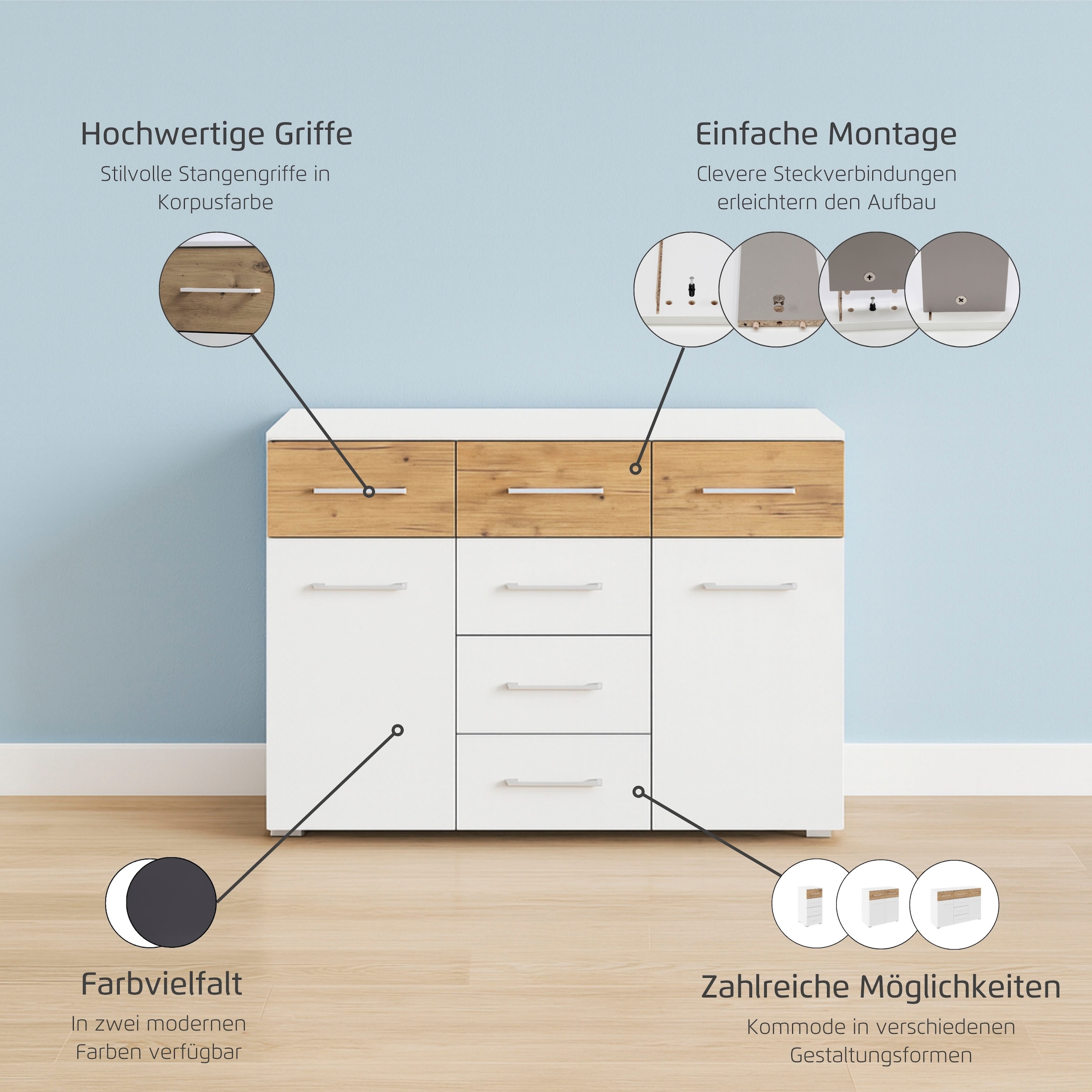 rauch Kombikommode »Sideboard Kommode Schubladenkommode Türenkommode BOSTON-EXTRA« B/H/T: 120/81/42 cm,  mit 6 geräumigen Schubladen, Einlegeböden verstellbar MADE IN GERMANY