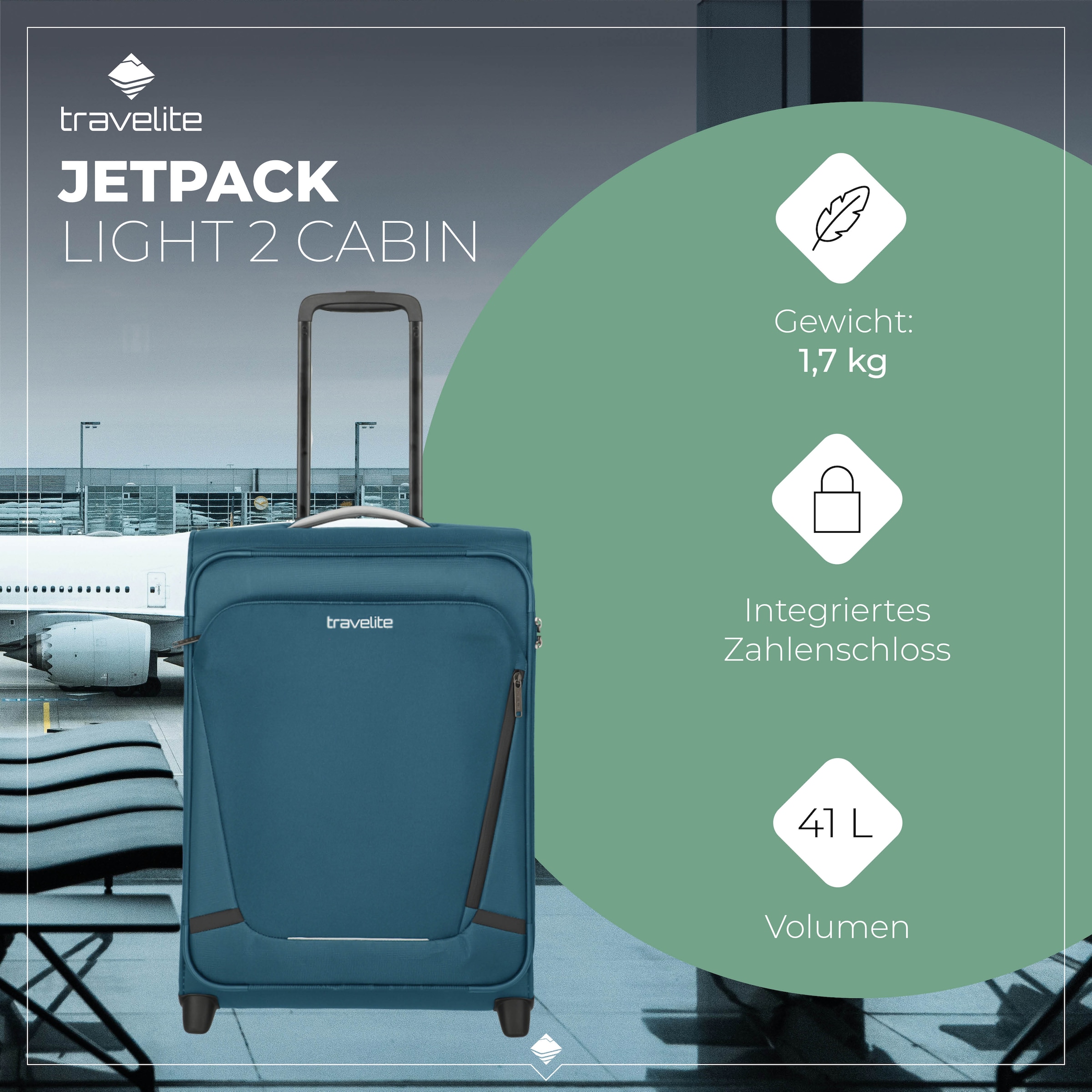 travelite Handgepäck-Trolley »JETPACK Multi Light 2 Cabin Handgepäck Koffer« 41 l 2 Rollen Weichgepäck, passend für Ryanair, Condor und viele gängige Airlines