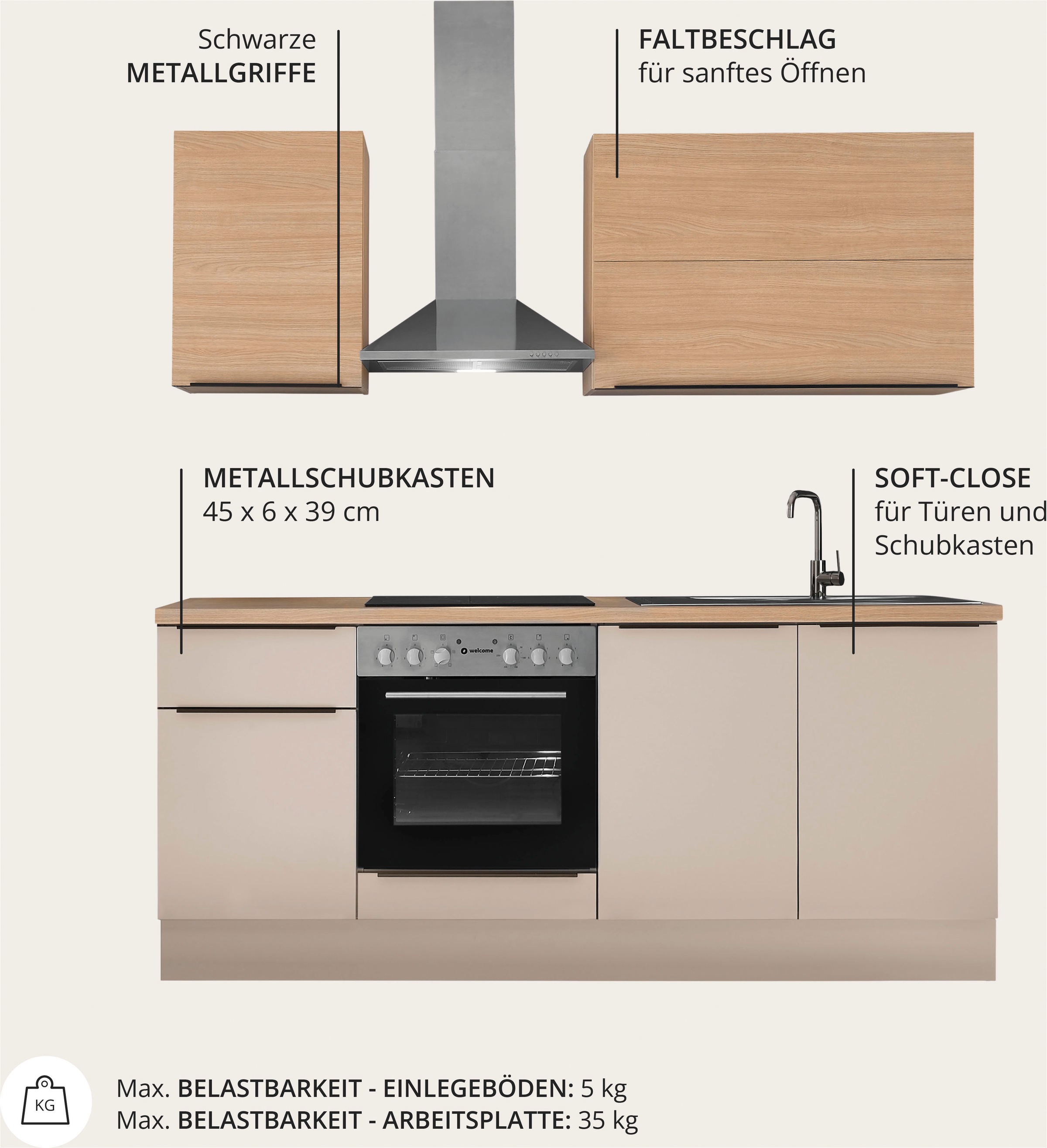 KOCHSTATION Küchenzeile »Cocco B/H/T 210x211x60 cm« Breite 210 cm, wahlweise mit E-Geräten und Induktion