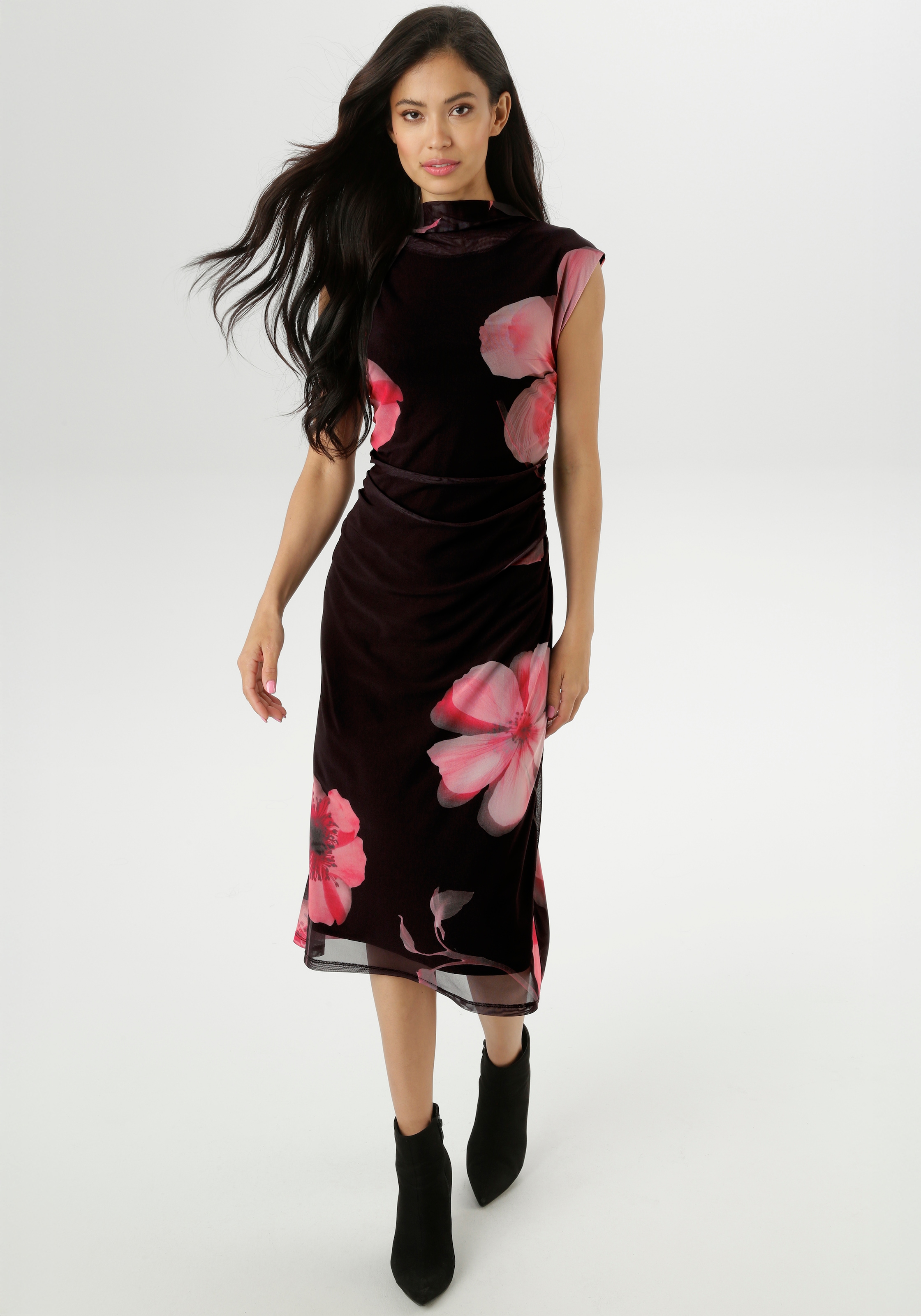 Aniston Selected Damen Midikleid In Mesh-Qualiät und im angesagten Blütenprint - NEUE KOLLEKTION in schwarz, Größe 40