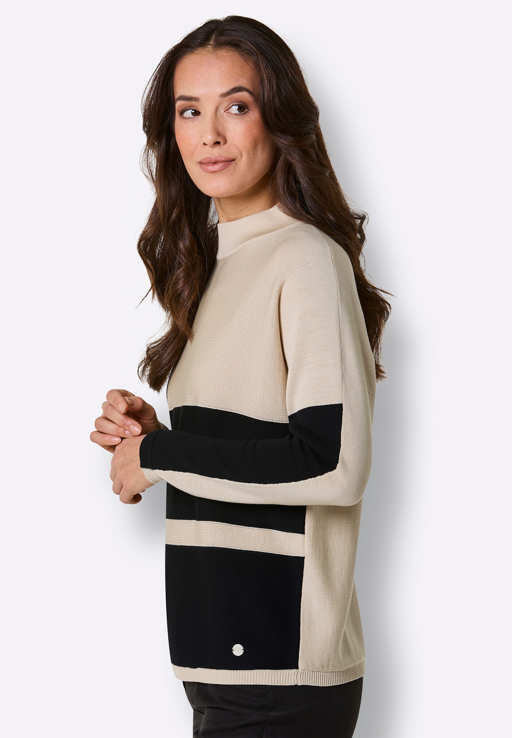 creation L Strickpullover »Merino-Lyocell-Pullover Stehkragenpullover mit Intarsien-Dessin«