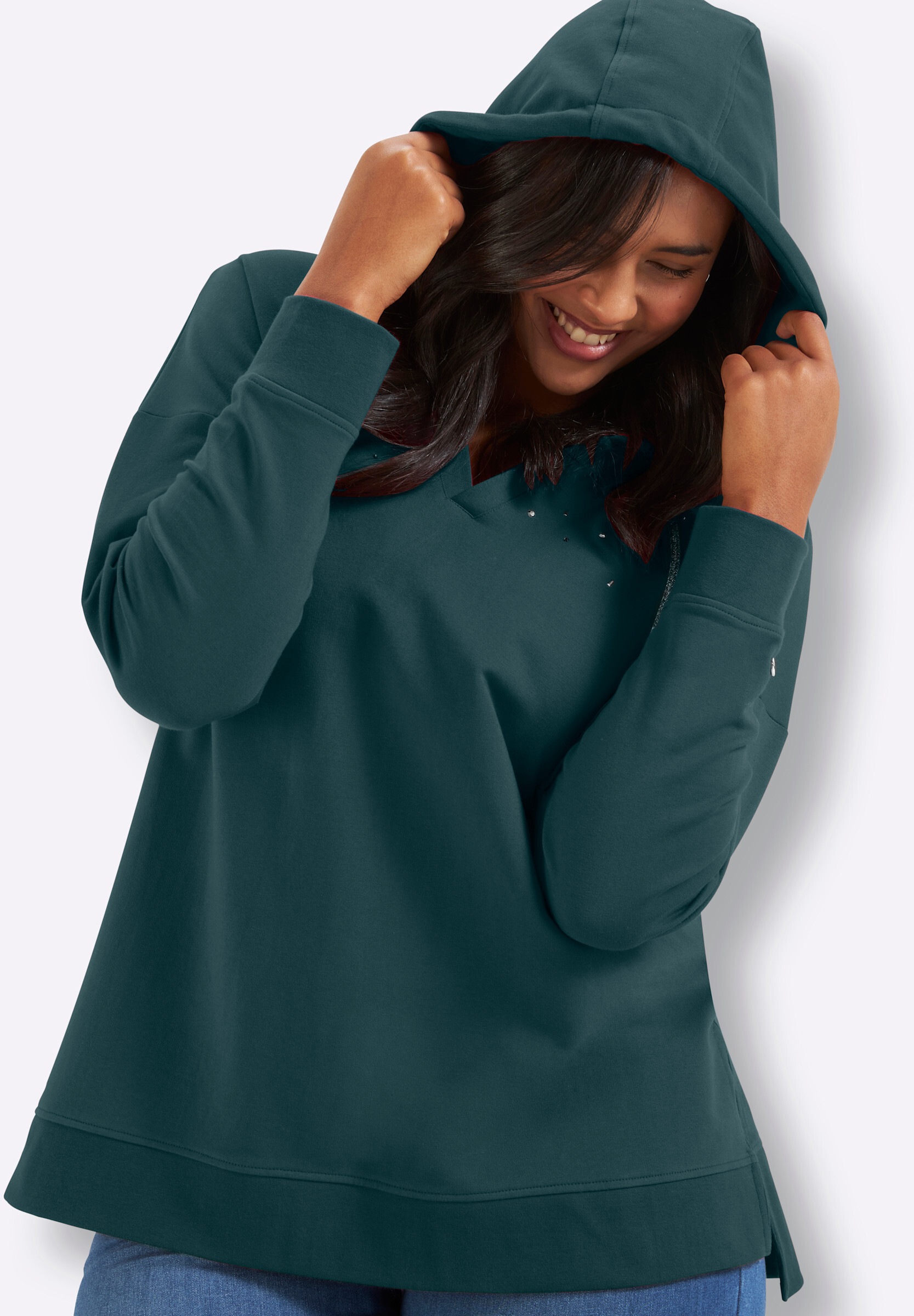 Sheego Sweatshirt »Sweatshirt Kapuzensweatshirt mit Ziersteinchen«
