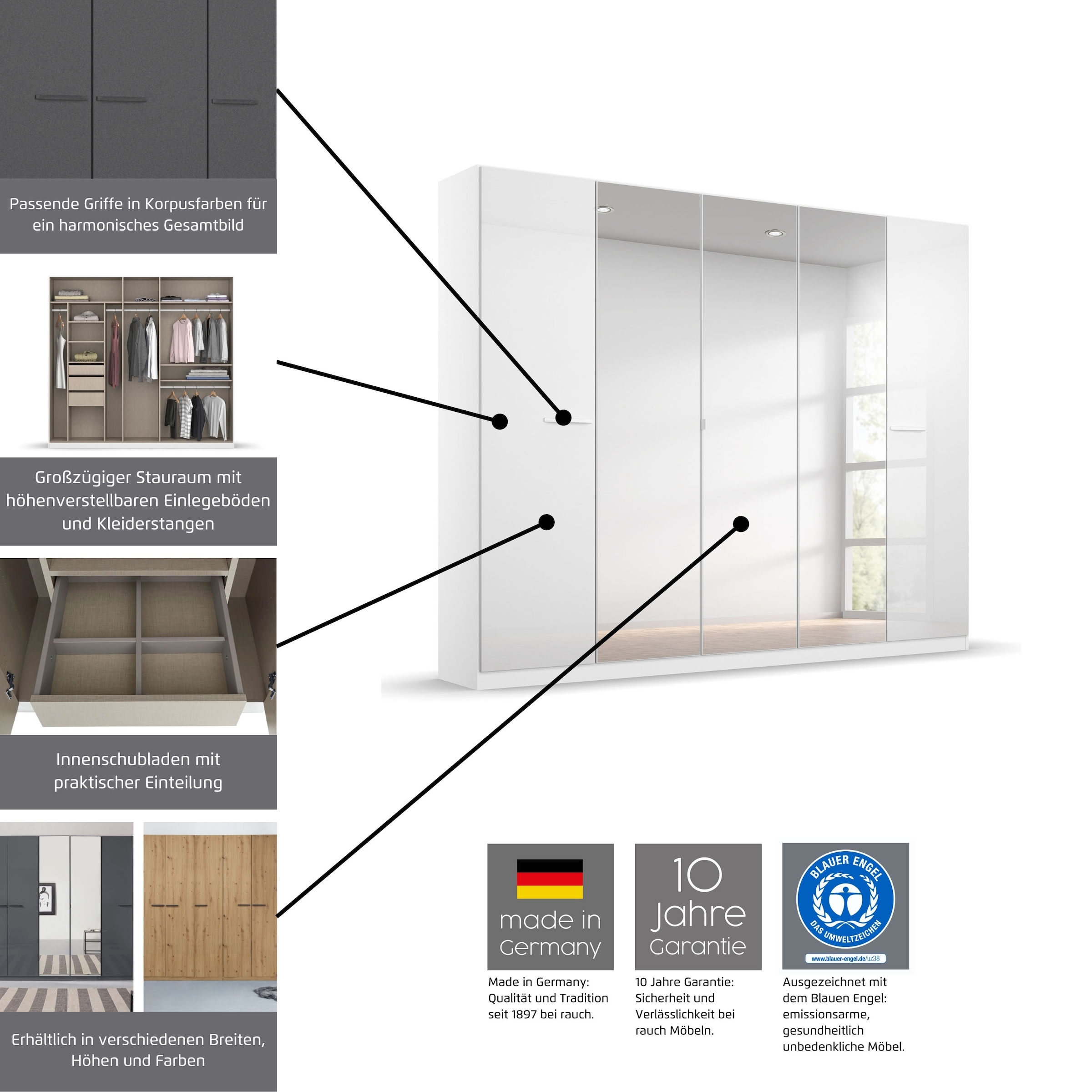 rauch Drehtürenschrank »Kleiderschrank Schrank Garderobe TOPSELLER OTELI inkl. Inneneinteilung«, (erhältlich in Breiten 91-360 cm, ab Breite 136cm inkl. Innenschubladen), mit zusätzlichen Einlegeböden, optional mit Spiegel MADE IN GERMANY