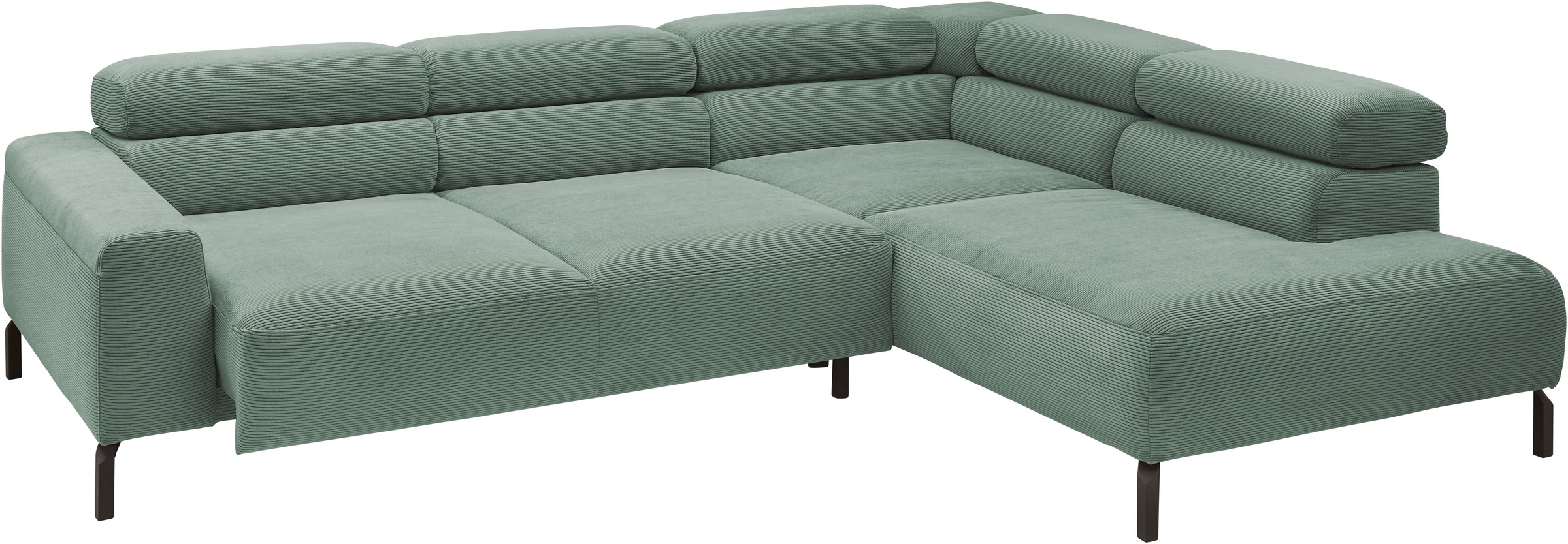 Places of Style Ecksofa »Antonelli, L-Form, inkl. Kopfteilverstellung, Breite 276 cm«, mit elektrischer Sitztiefenverstellung, in Feincord, grün