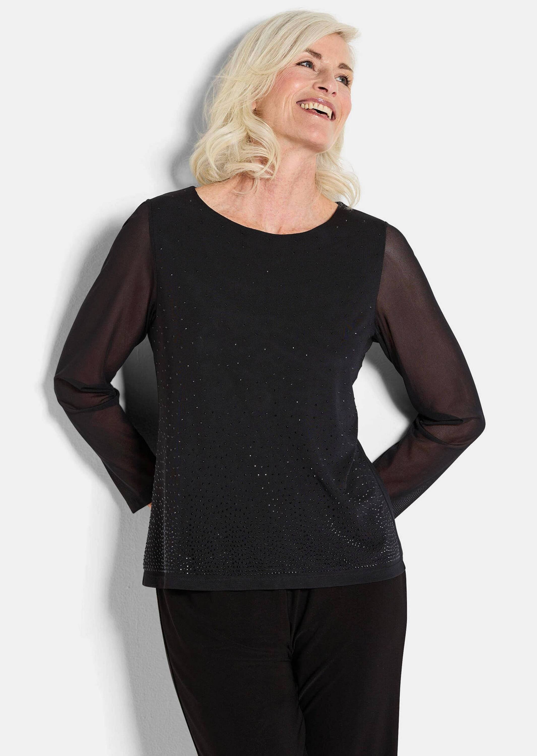 GOLDNER Langarmshirt »Kurzgröße Shirt aus Mesh mit Glitzersteinen« Glitzersteine
