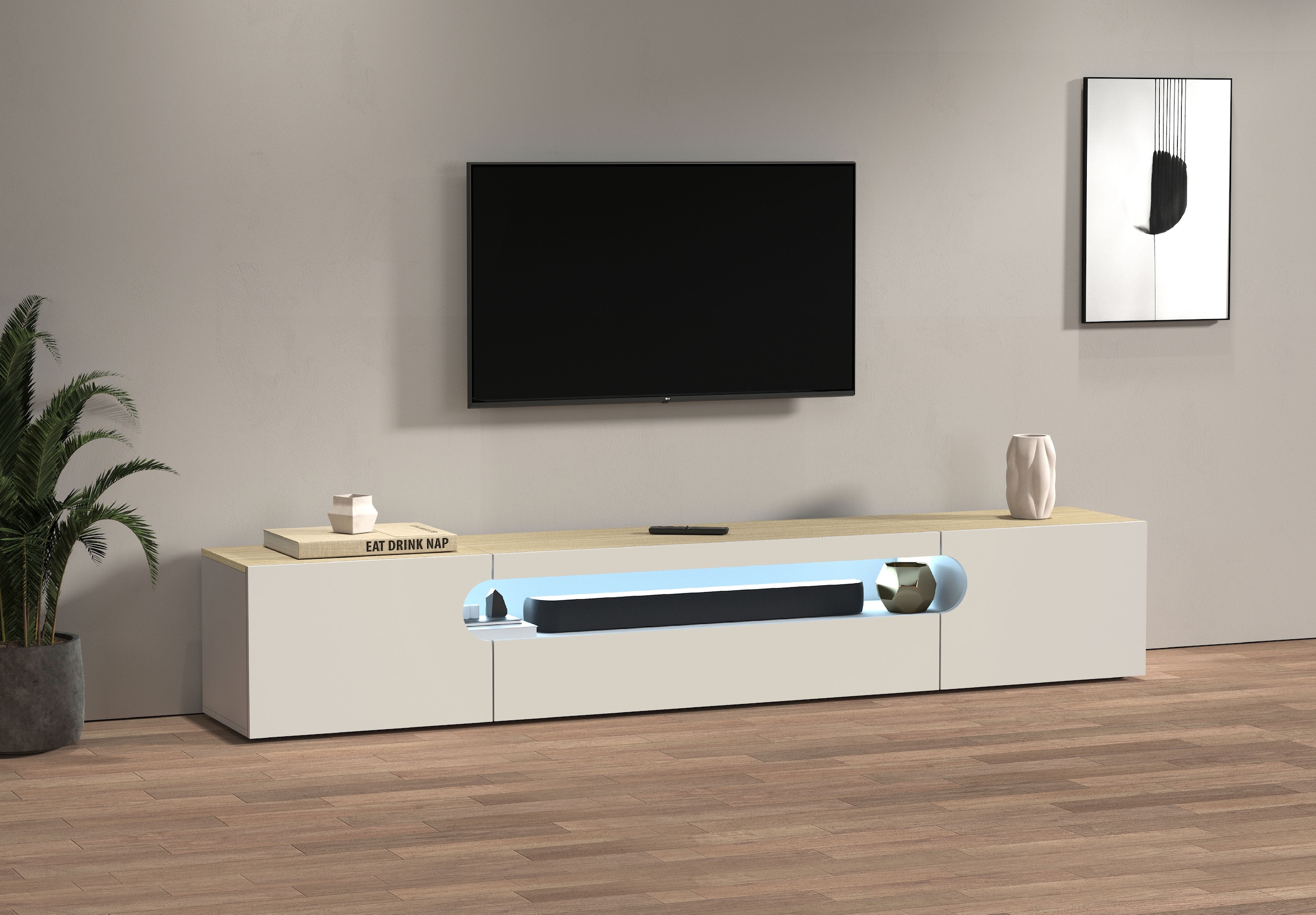 INOSIGN Lowboard »REAL TV-Möbel, 240 cm breit, 40/60 cm hoch, Hochglanz oder matt« mit 2 abgerundeten Türen, 1 Klappe, die ein ovales offenes Fach bilden