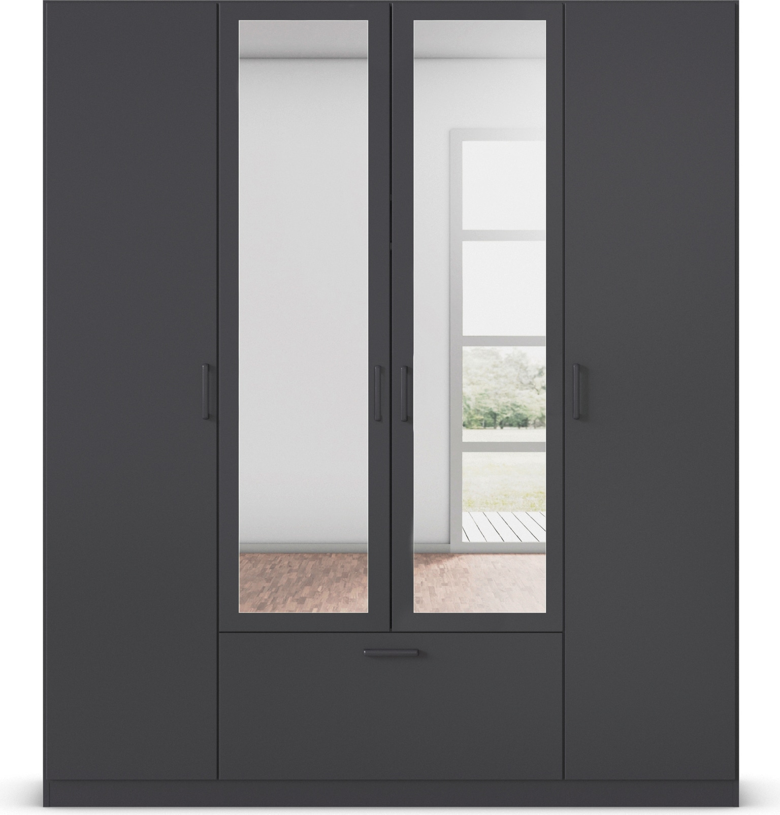 rauch Drehtürenschrank »Kleiderschrank Schrank Garderobe Wäscheschrank BARI mit Spiegel« mit Schubasten mittig, moderner Griff in Graumetallic MADE IN GERMANY