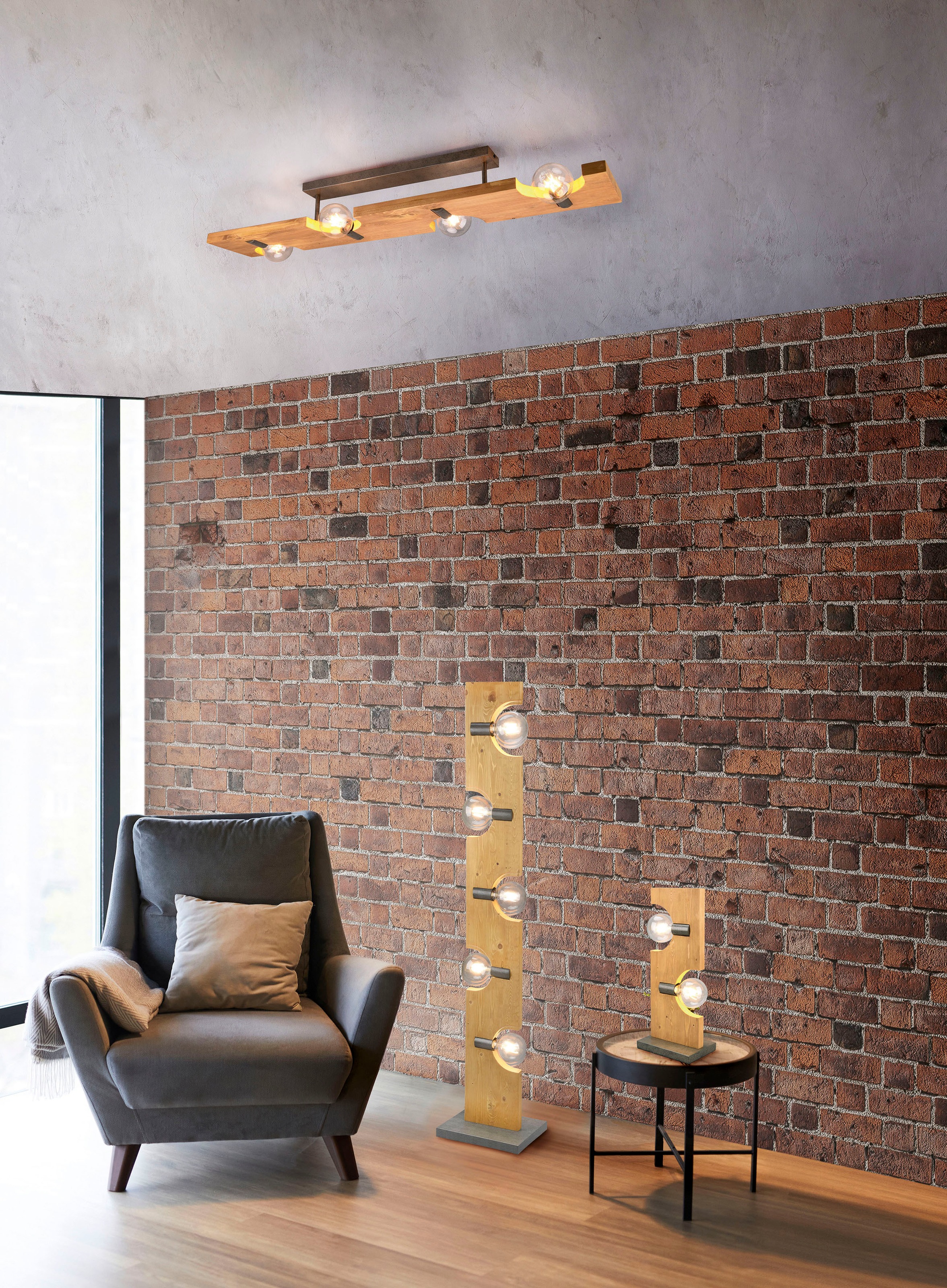 TRIO Leuchten Deckenleuchte »Tailor«, 4 flammig, Leuchtmittel E27 | ohne Leuchtmittel, Deckenlampe Naturholz, 115 x 20 cm, exkl 4xE27 max 10W, Nickel-Optik