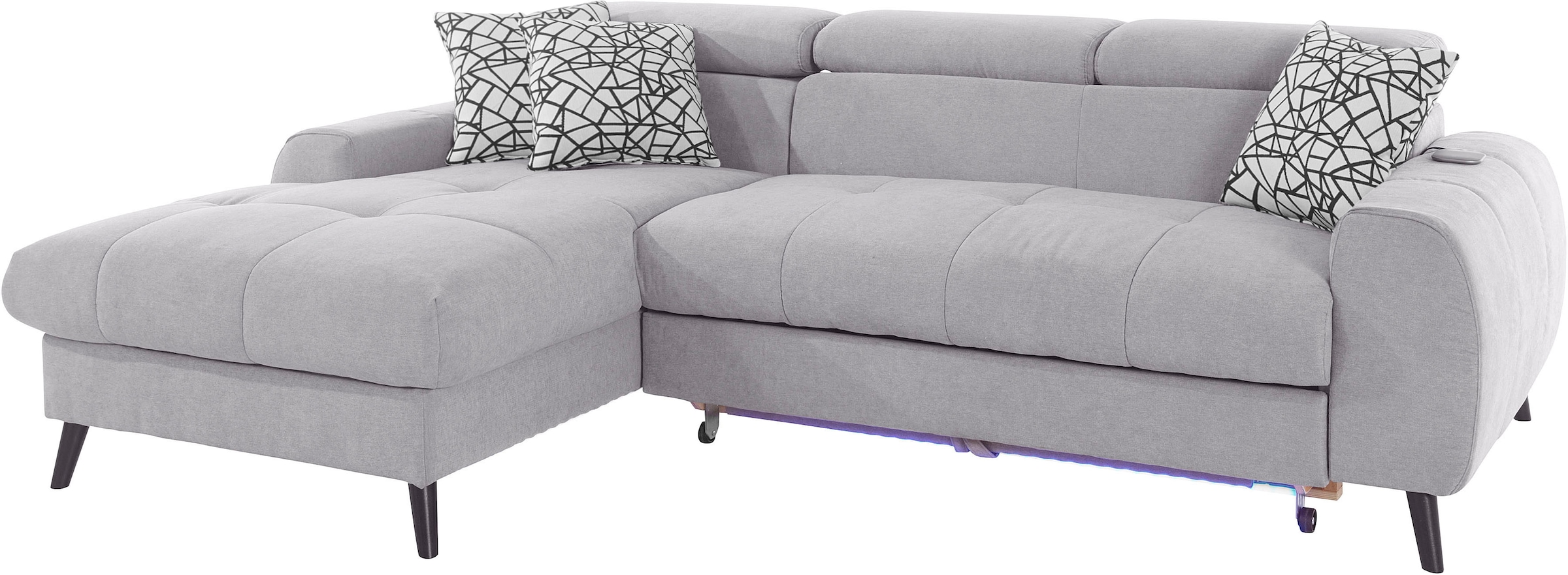 COTTA Ecksofa »Mia L-Form mit 3 Zierkissen«, wahlweise mit Bettfunktion, Bettkasten, Beleuchtung & Wireless-Charger