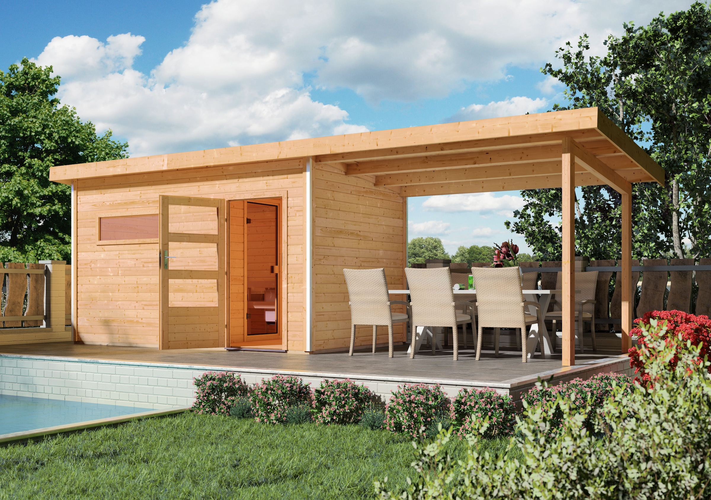 Karibu Anbaudach für 38 mm Flachdach-Saunahäuser "Simon 2+3", 3,30 m breit