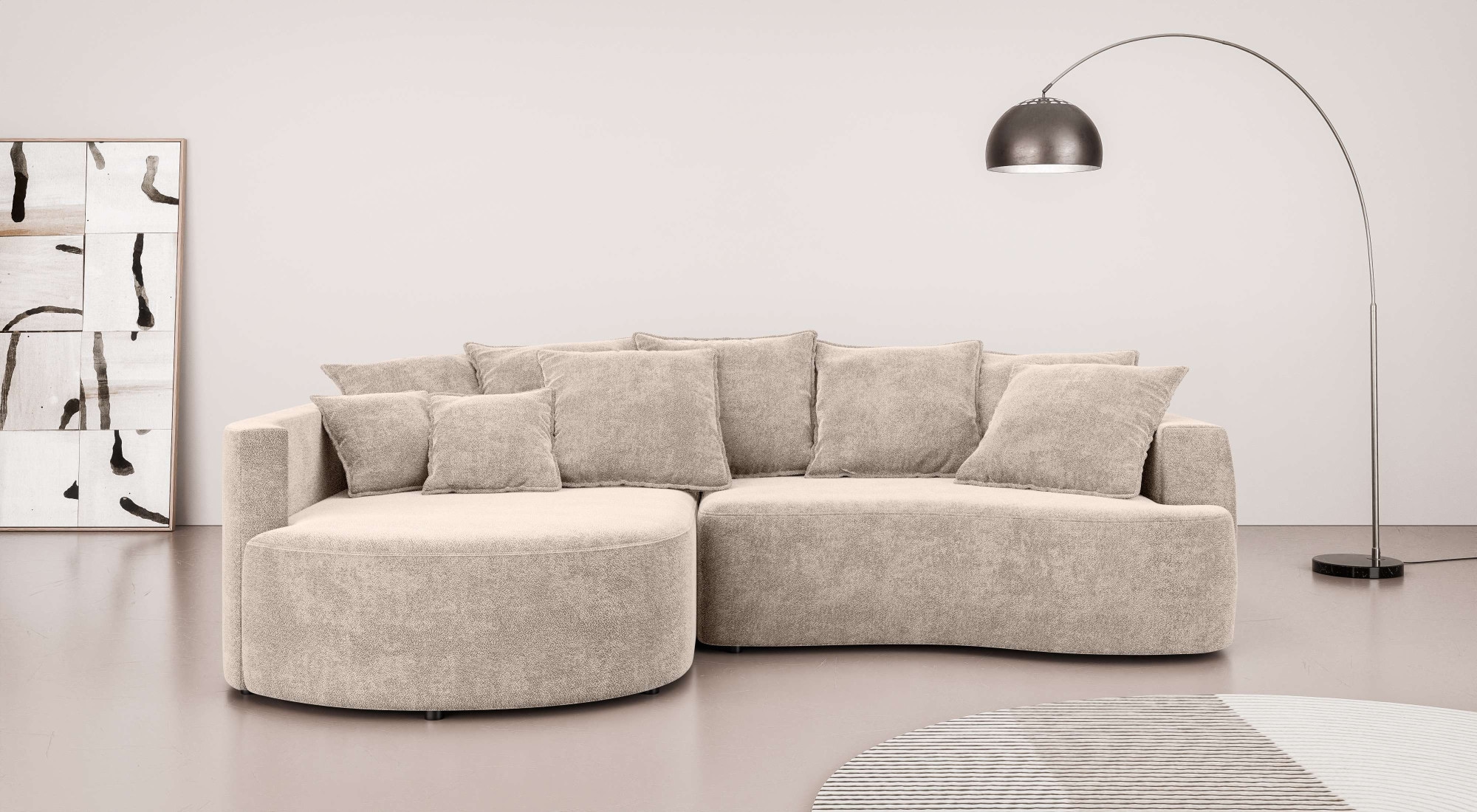 Home affaire Ecksofa »Kahekili, Schlafsofa mit Bettkasten, Maße B/T/H: 255/181/90/ cm« L-Form mit Wellenunterfederung, 7 Rückenkissen und 2 Zierkissen