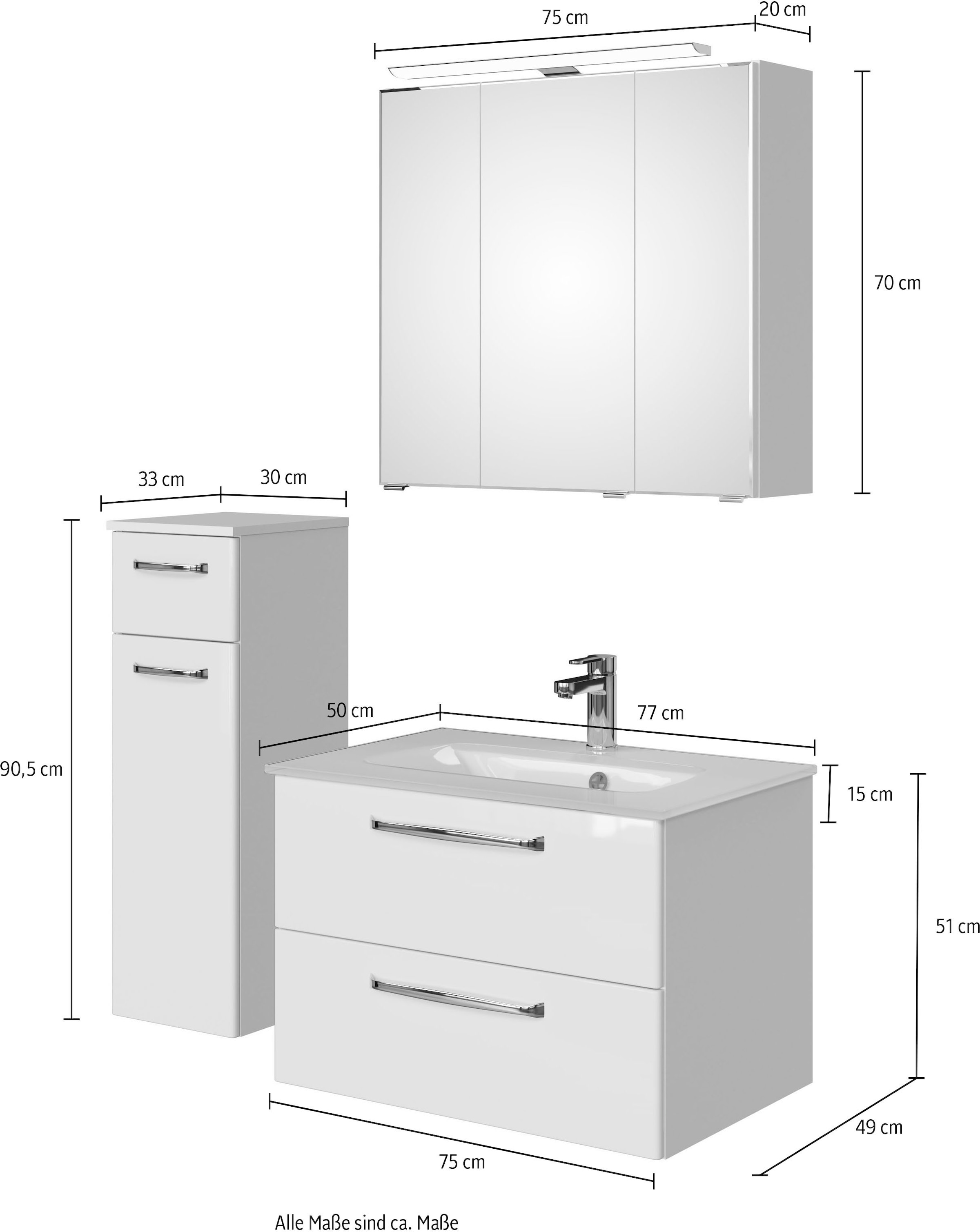 Saphir Badmöbel-Set »Badmöbel-Set Trentino 3-teilig Glas-Waschtisch mit LED-Spiegelschrank«, (4 St.), Badezimmer-Set mit Unterschrank inkl. Türdämpfer