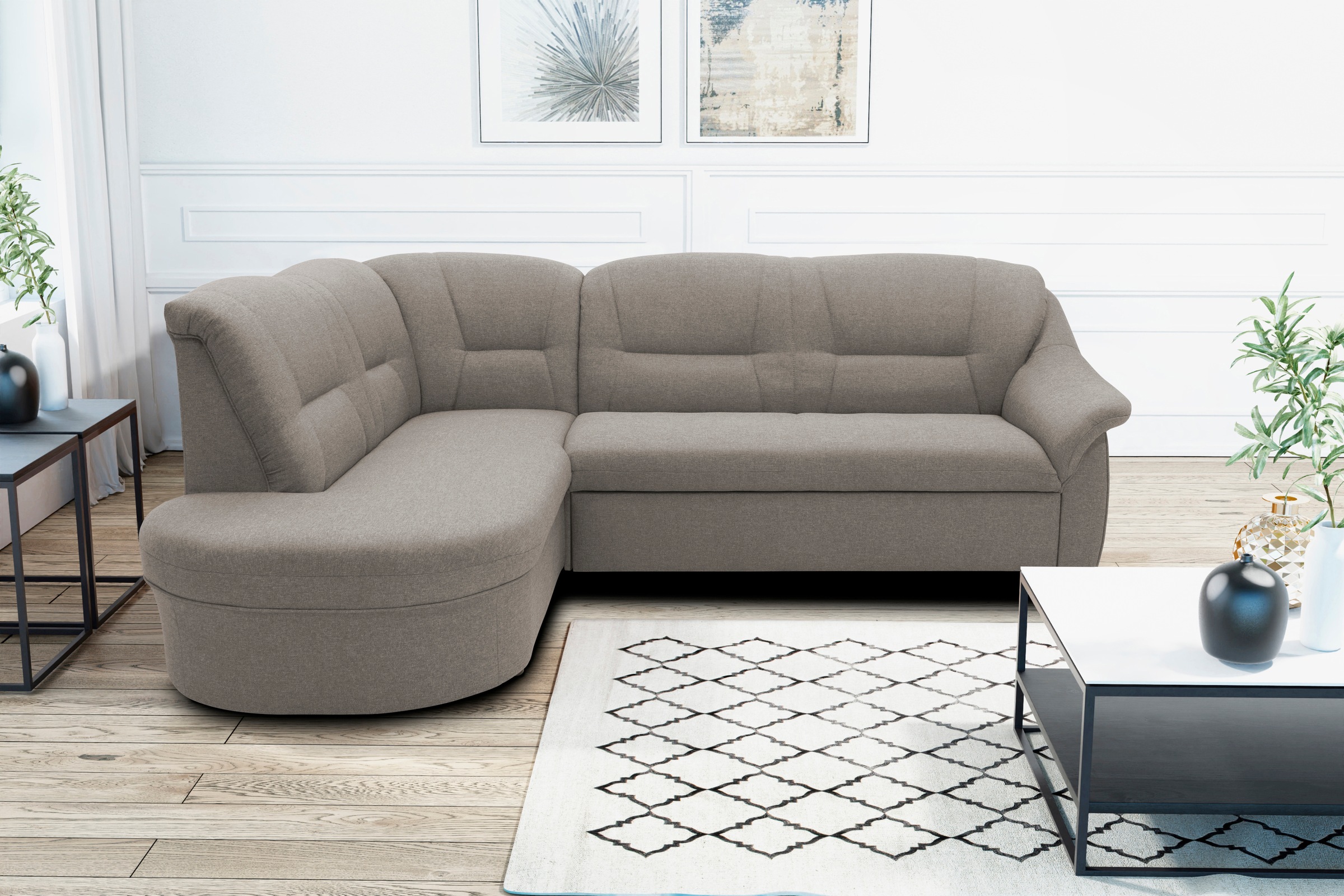 DOMO collection Ecksofa »Faenza für kleine Räume, Stellmaße 232,176cm, komfortabel, L-Form«, mit Ottomane, zeitlos, elegante Armlehnen, wahlweise mit Bettfunktion