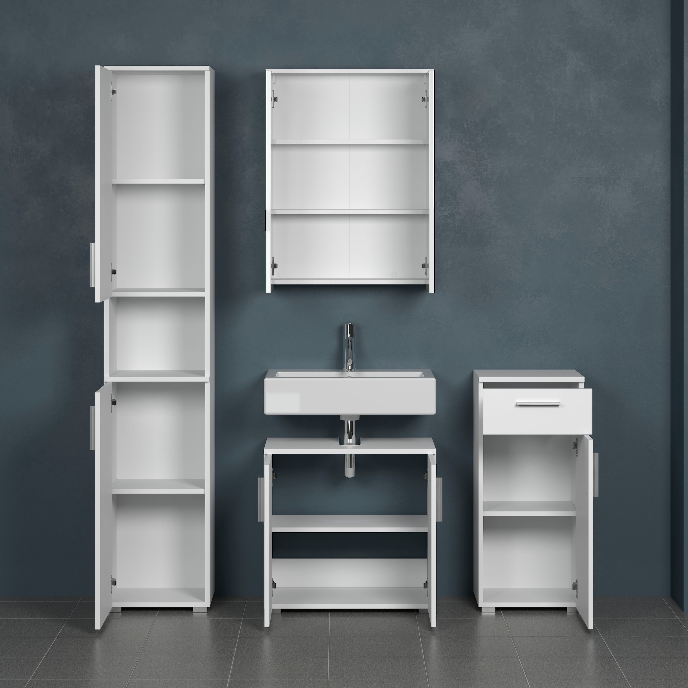 welltime Badezimmer-Set »Prag«, (Set, 4 St.), Badmöbel - Hochschrank, Waschtisch, Spiegelschrank und Unterschrank