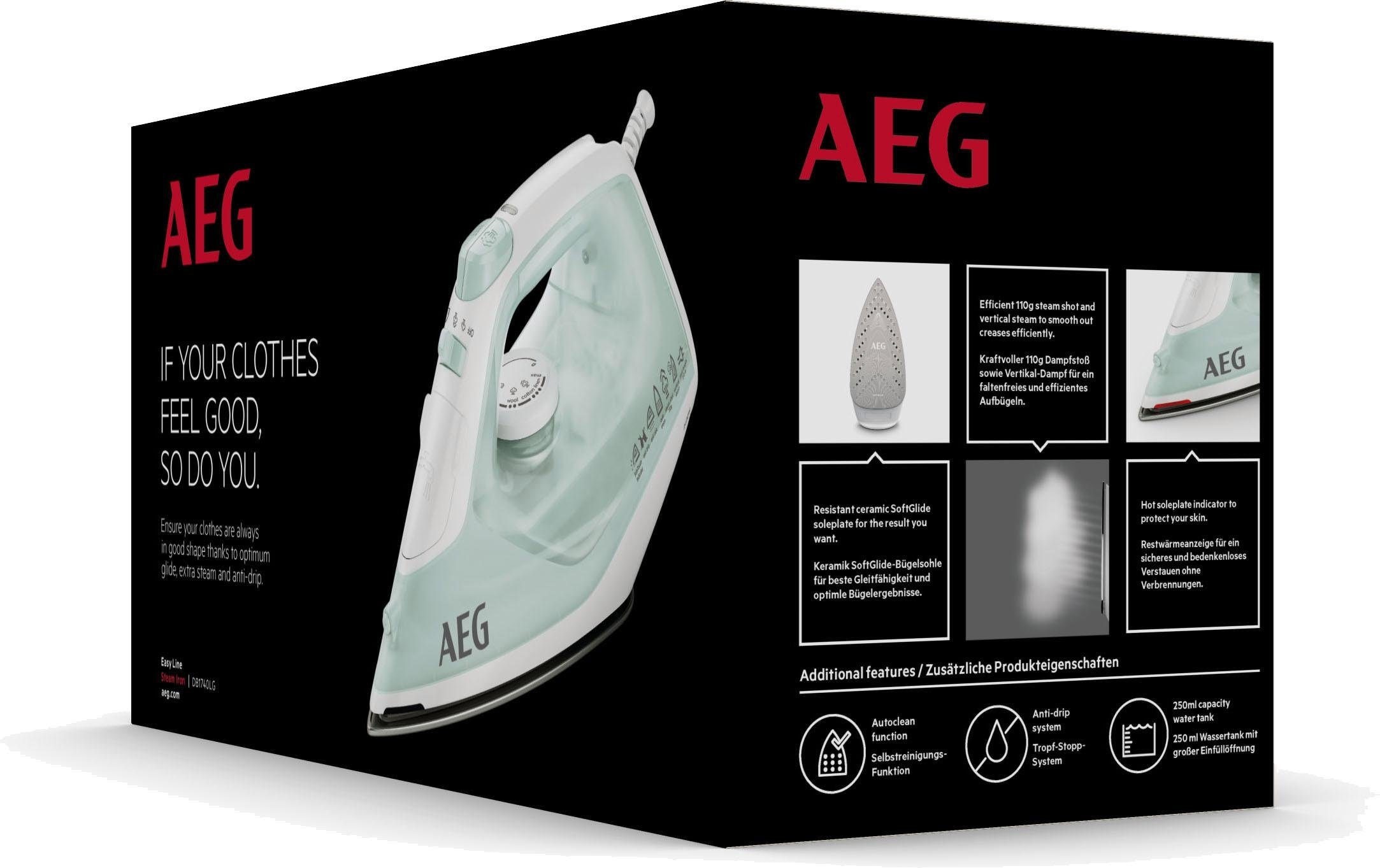 AEG Dampfbügeleisen »EasyLine DB 1740LG«, 2400 W, Filtration mit Anti-Kalk-Patrone, Restwärmeanzeige, 110 g Dampfstoss