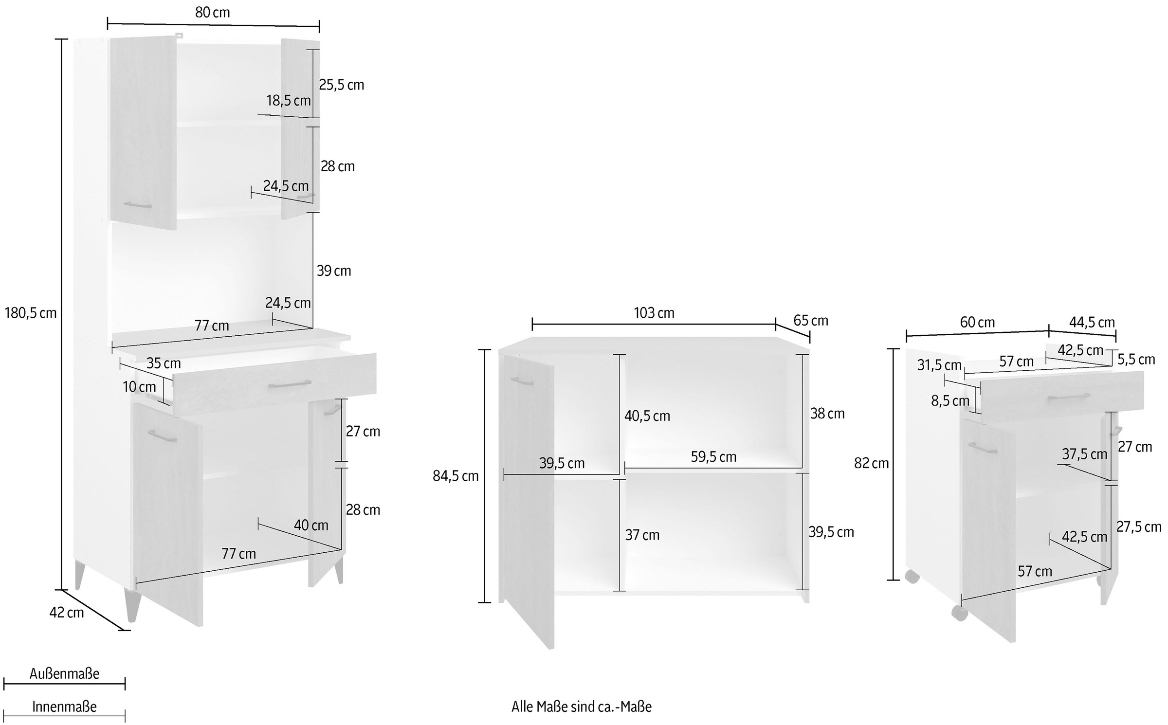 Parisot Schrank-Set »Parisot, Malice 5 - Buffet, Beistellschrank / Insel auf Rollen«, (3 St., Buffet, Beistellschrank, Insel - Mehrzweckrank Set), Beistellschrank auf Rollen, Insel mit Sitzgelegenheit, Beton-Optik