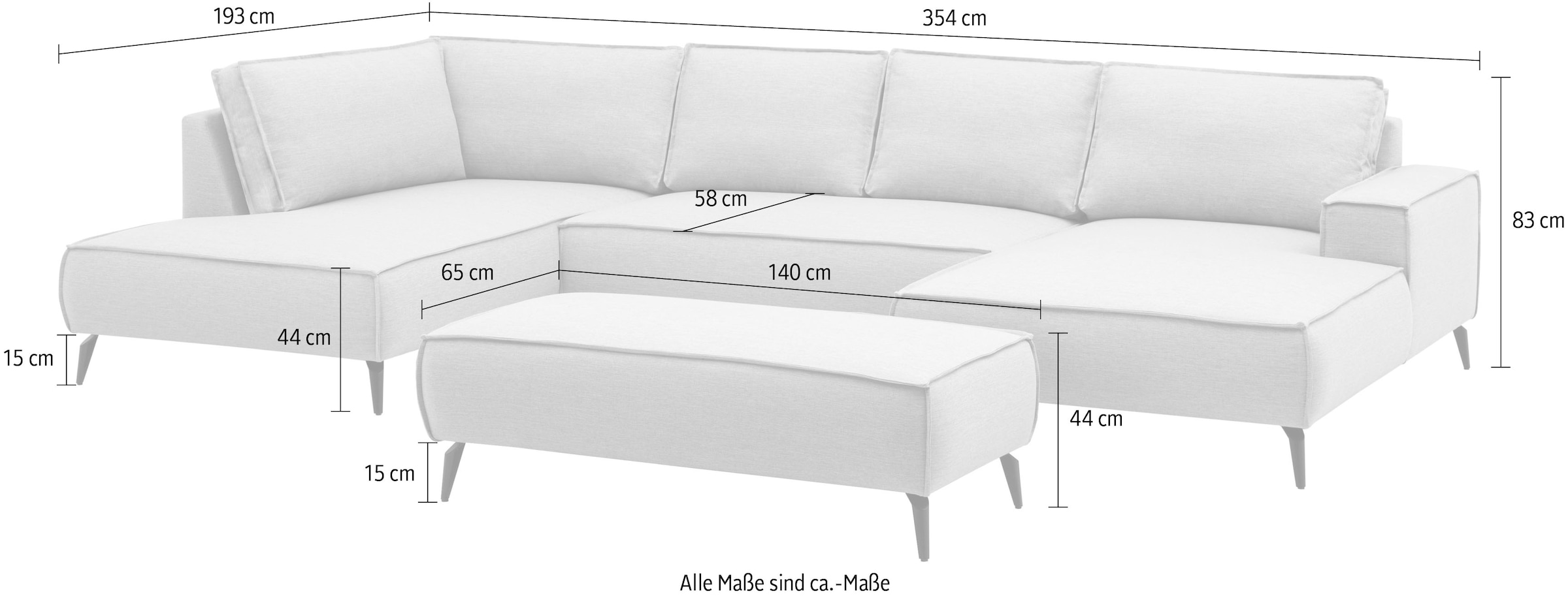 OTTO home Wohnlandschaft »TVINNU Leinenoptik, 354, mit Hocker« Recamiere rechts/links, stellbar zum Schlafsofa (Krokodilverbinder)